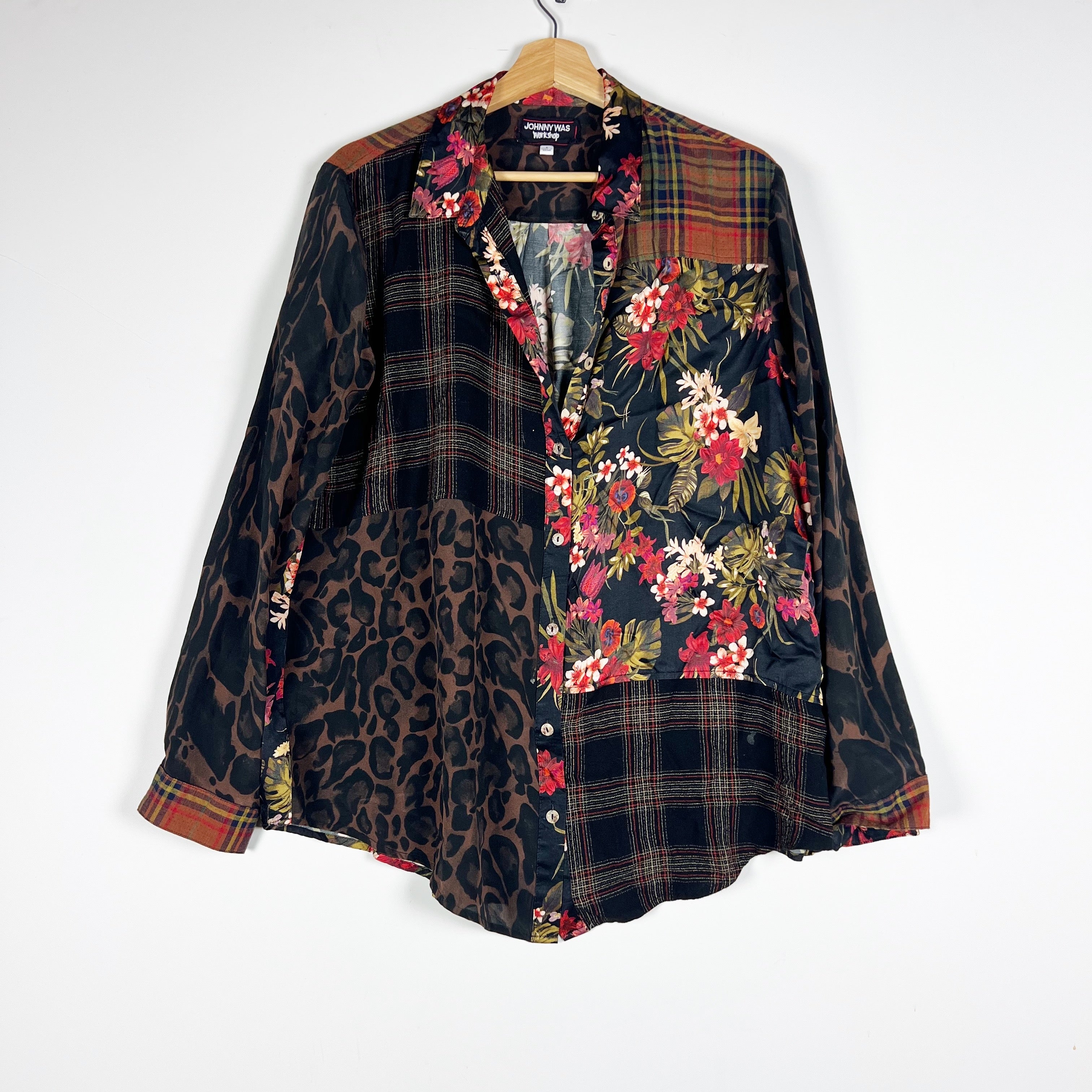 Johnny Was Workshop Octave Cotton Wool Silk Patchwork Button Down Blouse Shirt S