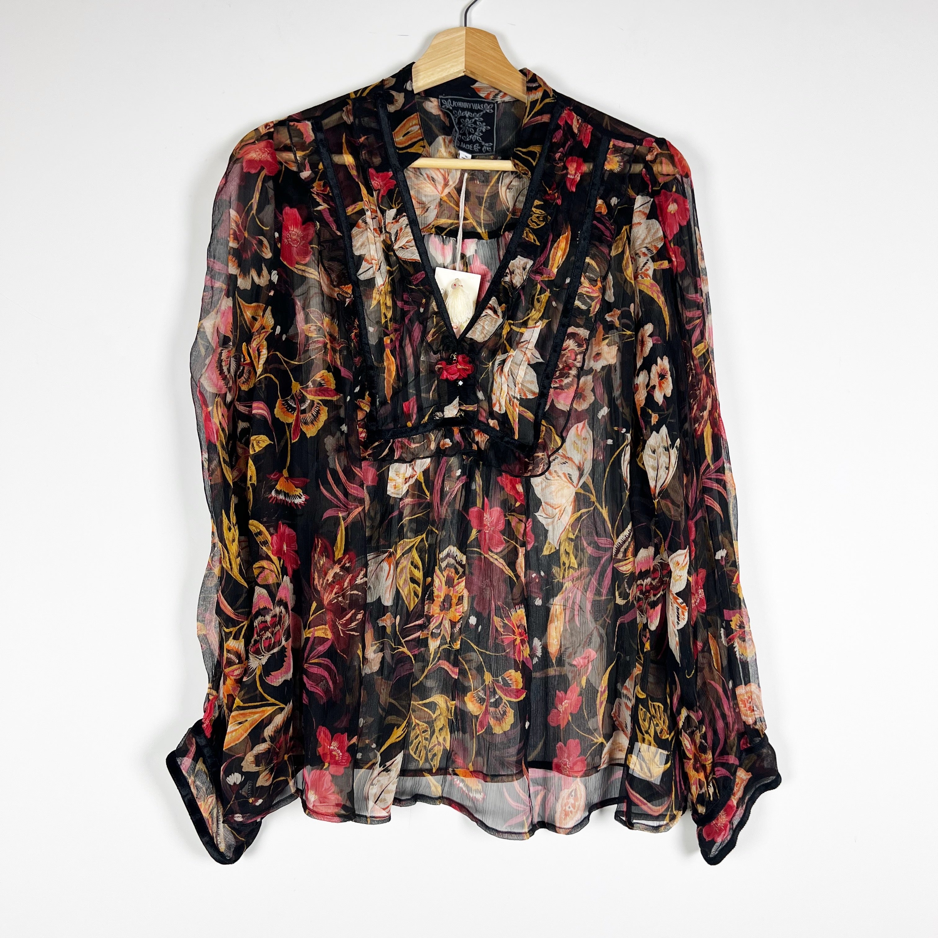 NEW Johnny Was Burrows Silk Chiffon Sheer Multi Floral Flower Blouse Shirt Top M