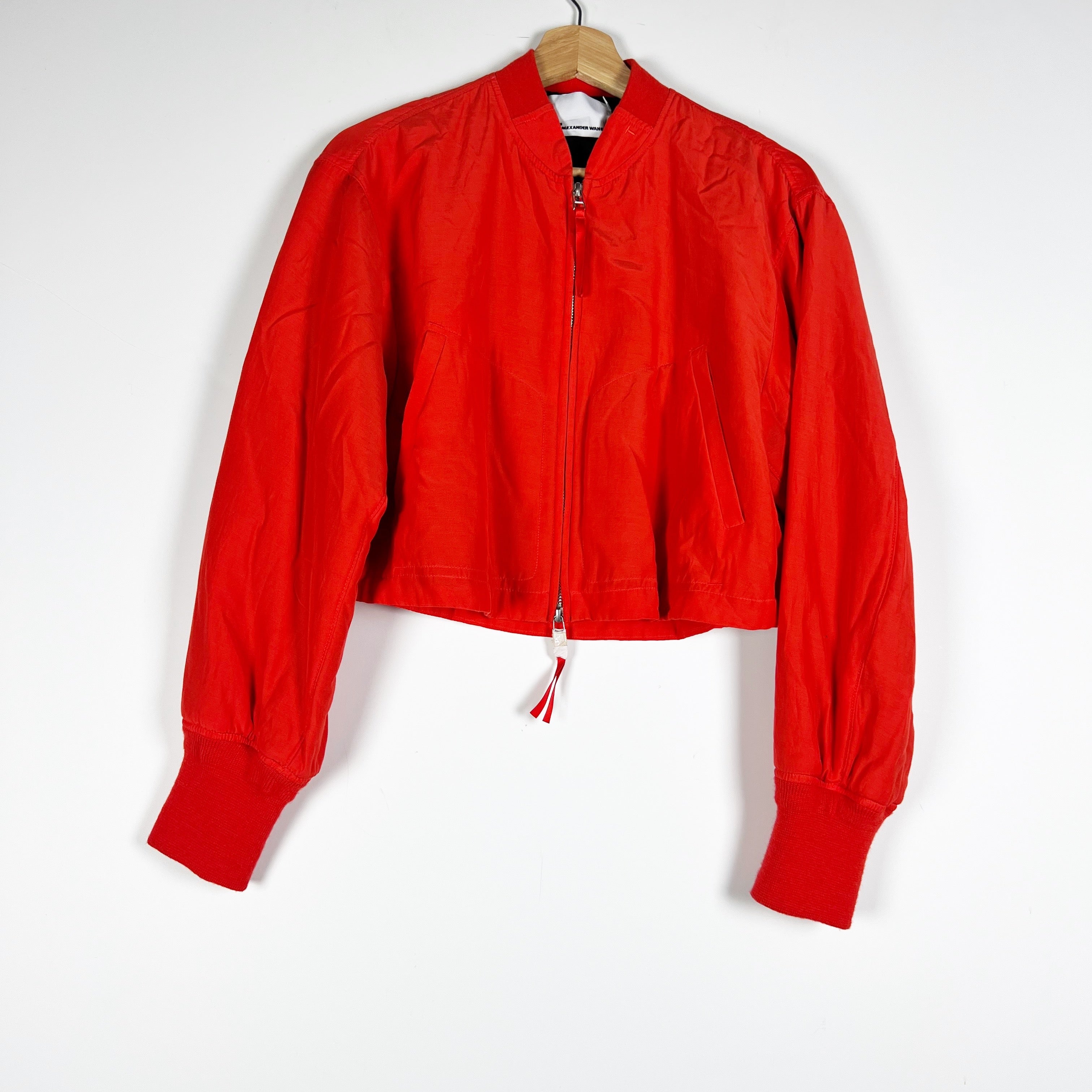 Alexander Wang Silk Cotton Lightweight Full Zip Cropped Bomber Jacket Scarlet 2