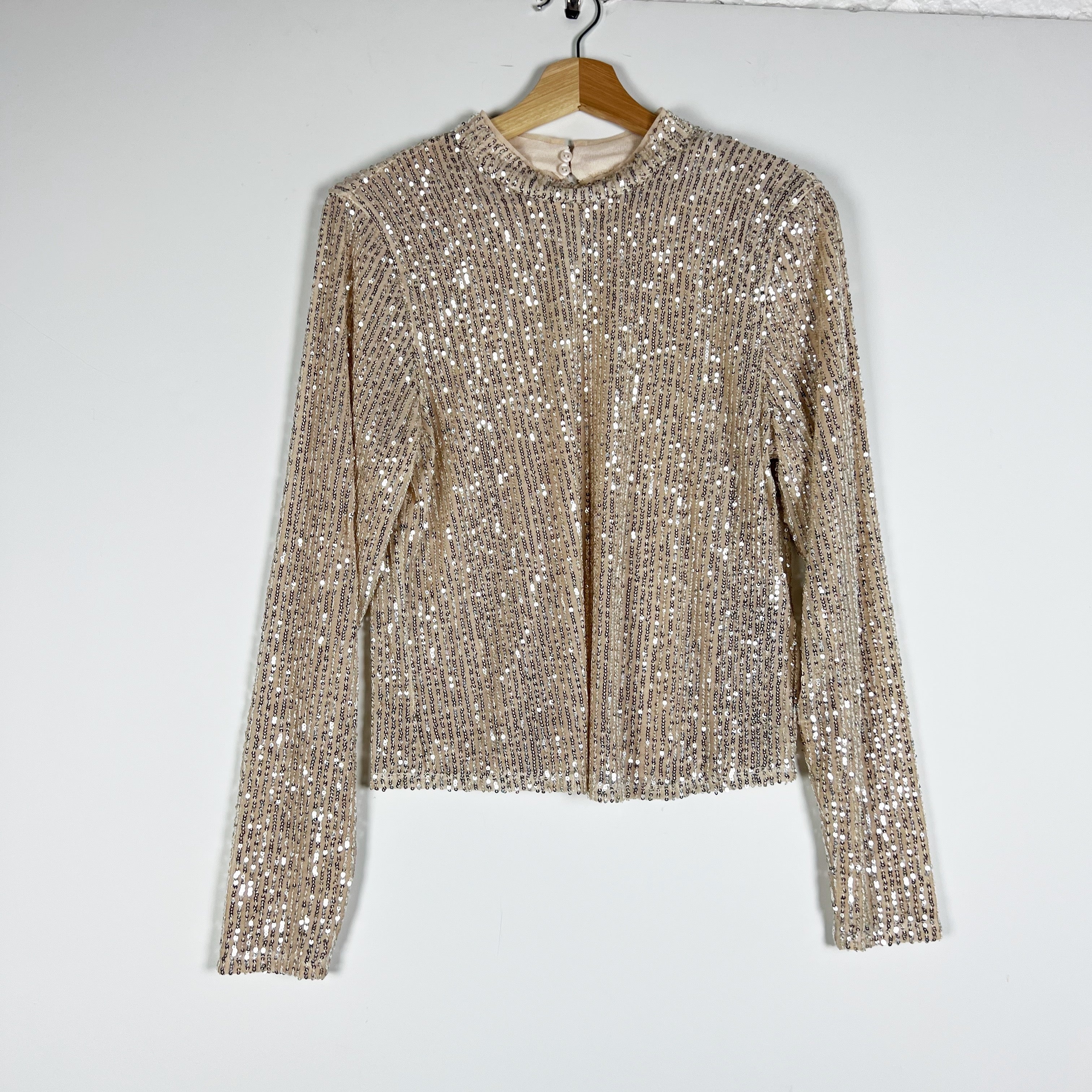 NEW Abercrombie & Fitch Gold Sequin Sparkle Embellished Mock Neck Shirt Blouse