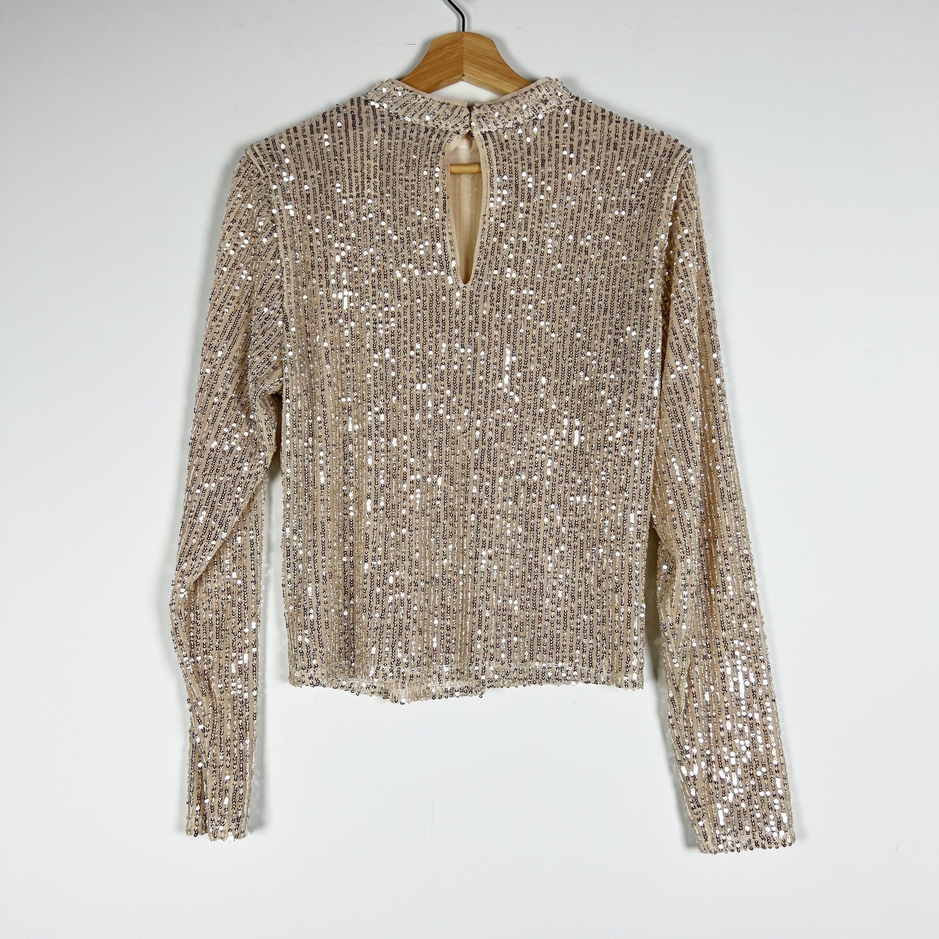 NEW Abercrombie & Fitch Gold Sequin Sparkle Embellished Mock Neck Shirt Blouse