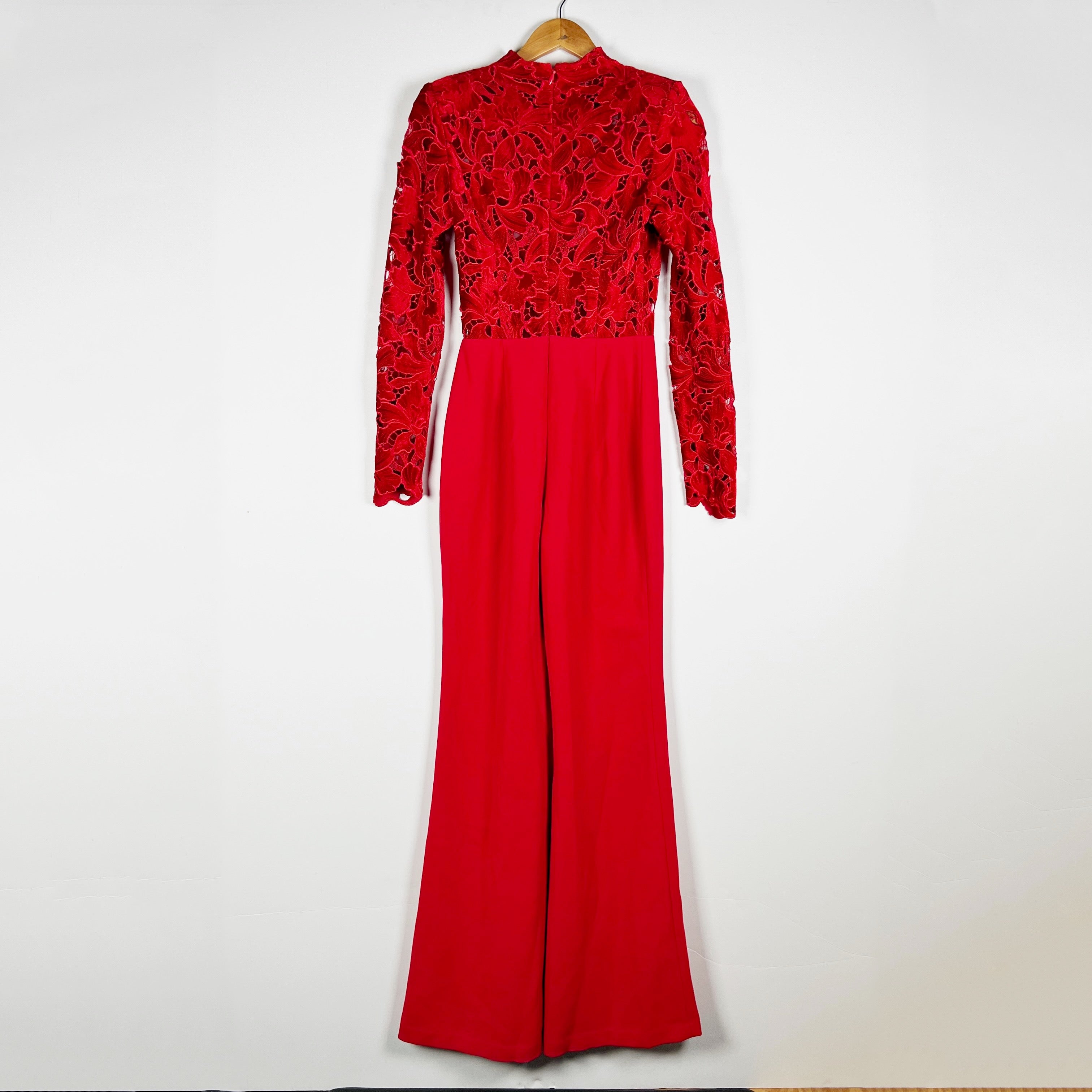 Nadine Merabi Eleanor Red Velvet Velour Lace Detail High Neck Jumpsuit Jumper S