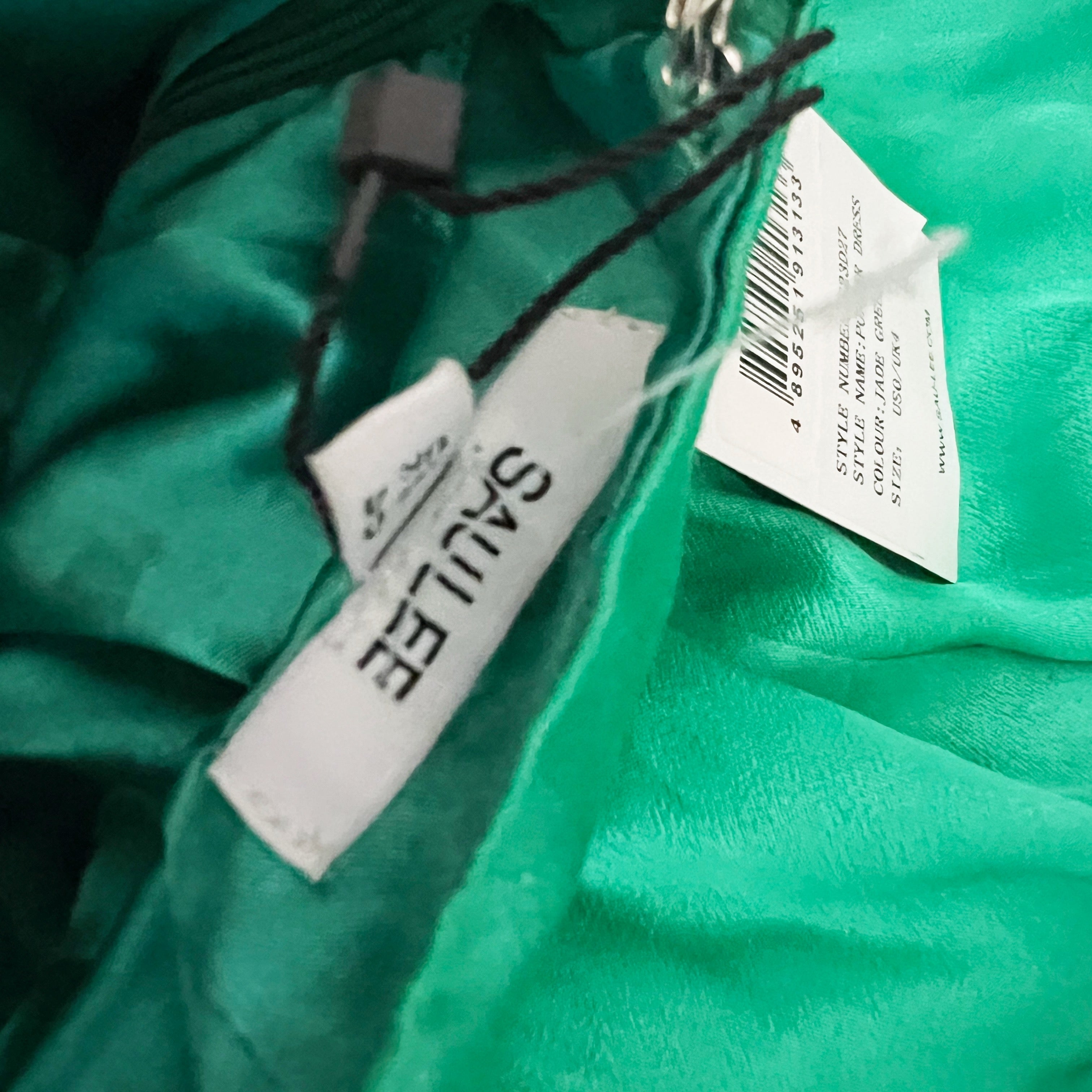 NEW Sau Lee Porter Satin High Halterneck Sleeveless Slit Maxi Dress Jade Green 0