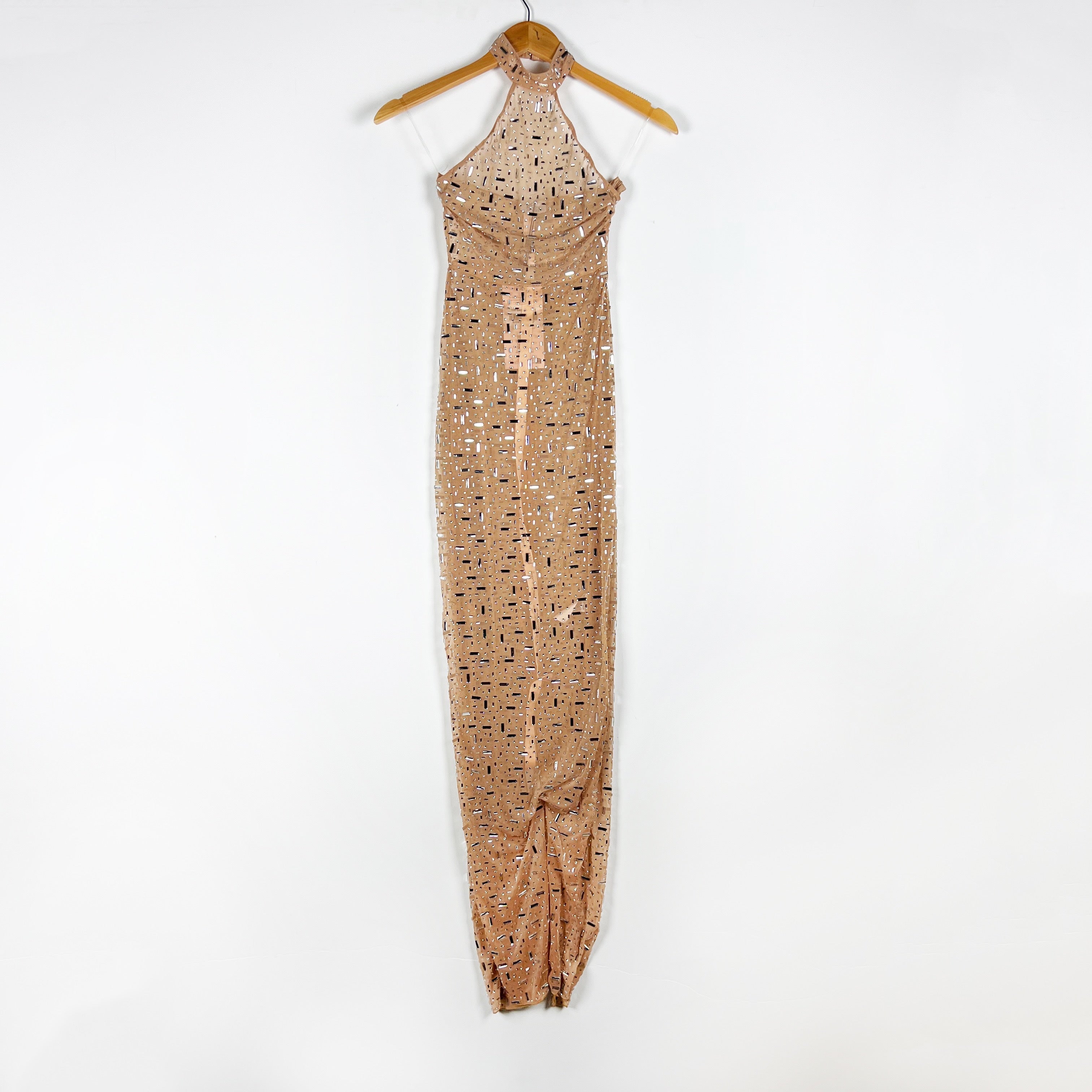 NEW Oh Polly Soraya Sheer Diamond Embellished High Neck Evening Gown Almond 0