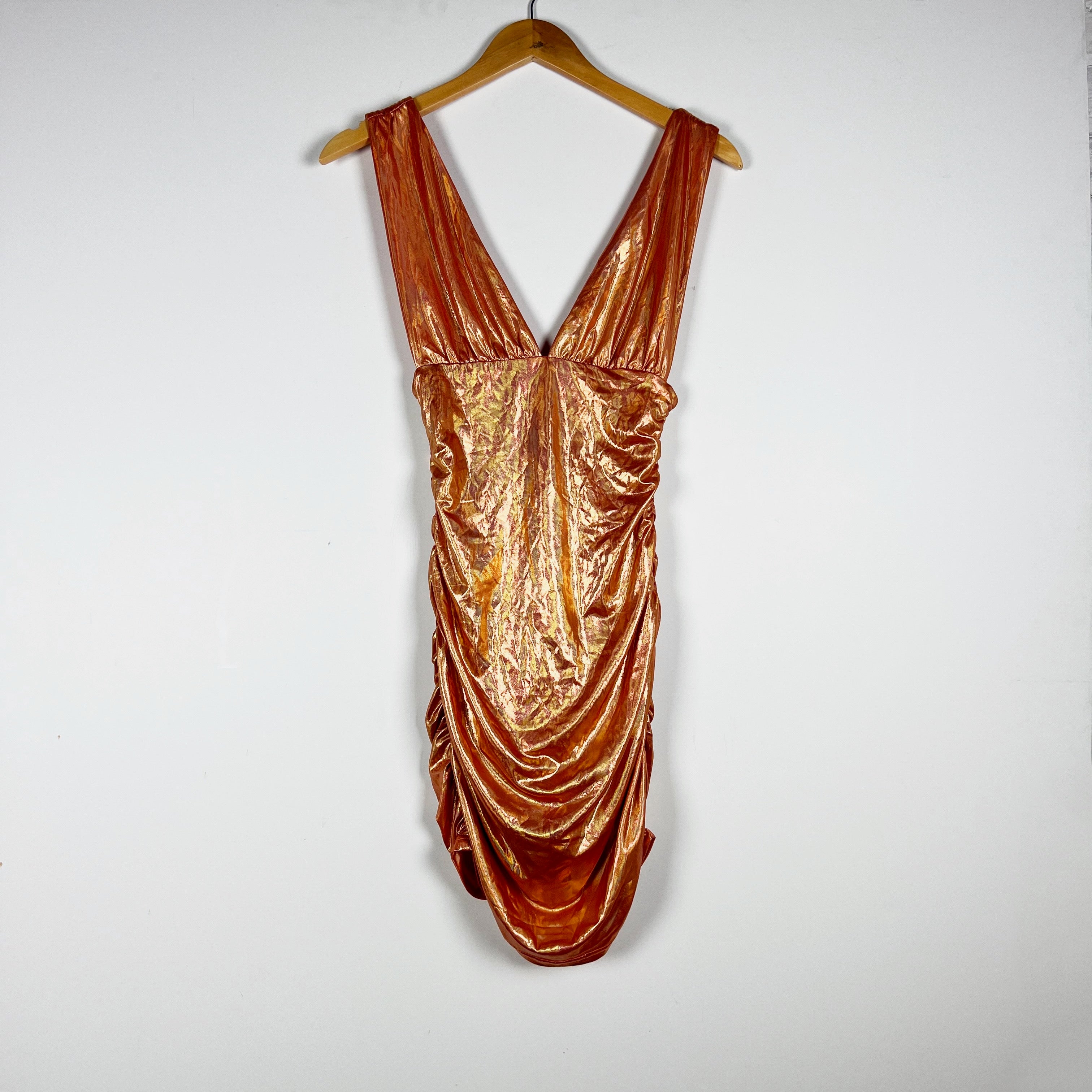 Superdown Kerrie Deep V Neck Metallic Holographic Orange Sparkle Ruched Dress XS