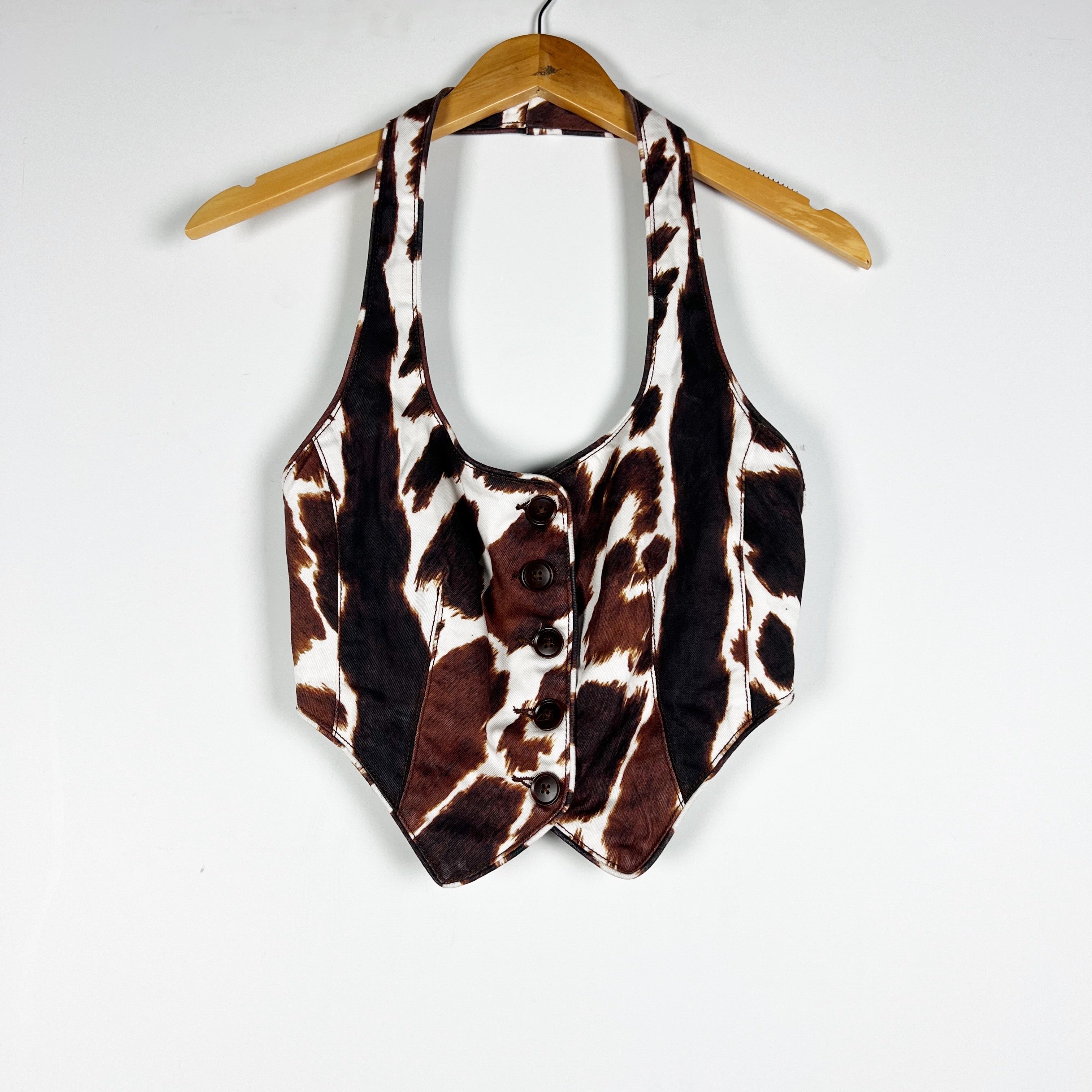 WeWoreWhat Halter Neck Button Front Sleeveless Cowhide Print Pattern Tank Top 2