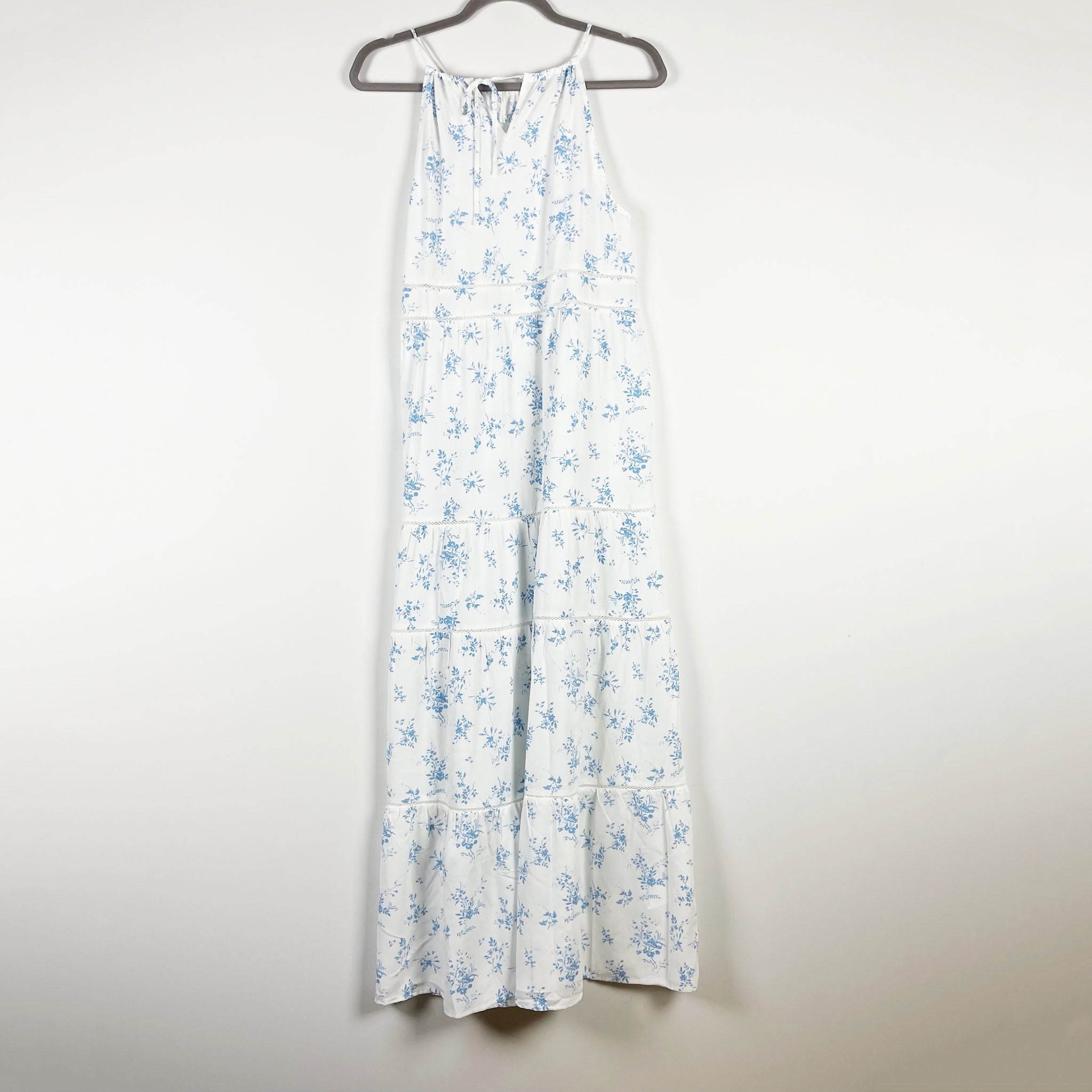 NEW MNG Exclusive Collection Micro Blue White Floral Print Tiered Maxi Dress M
