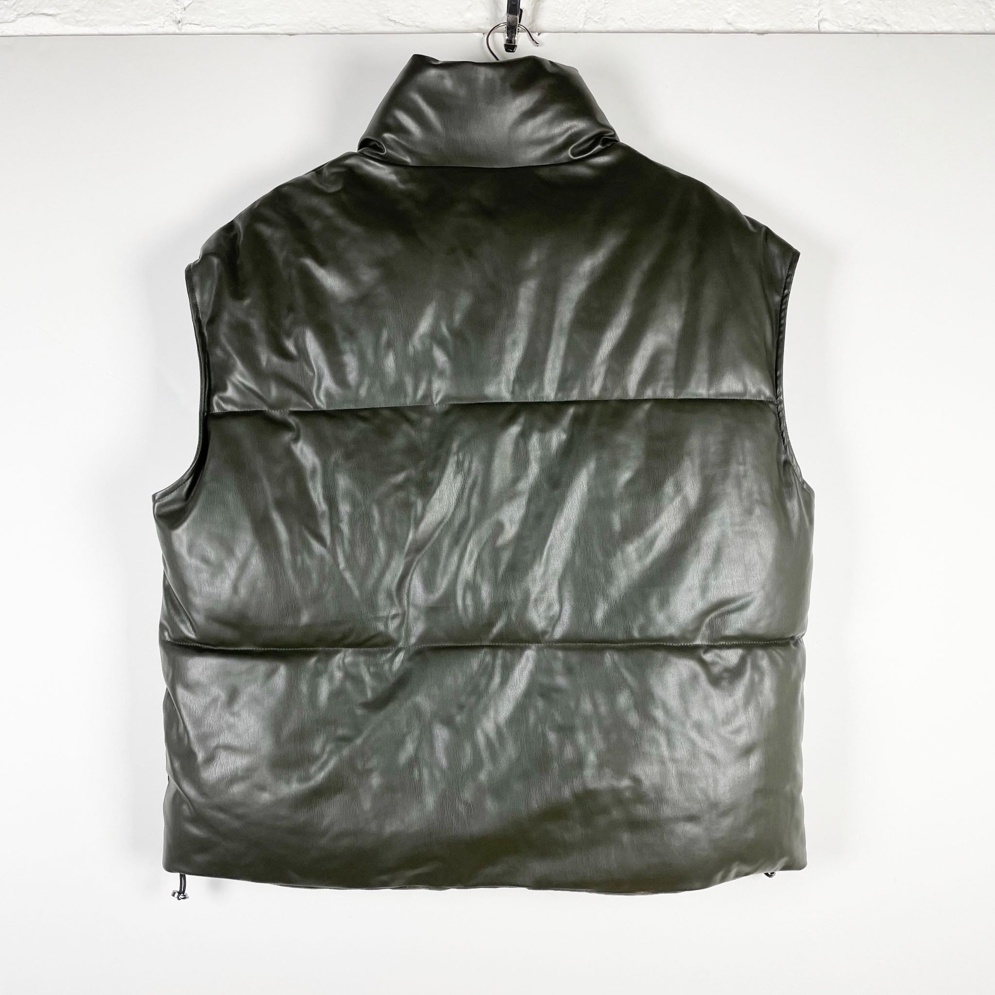 Zara Faux Vegan Leather Quilted Puffer Sleeveless Full Zip Vest Jacket Black