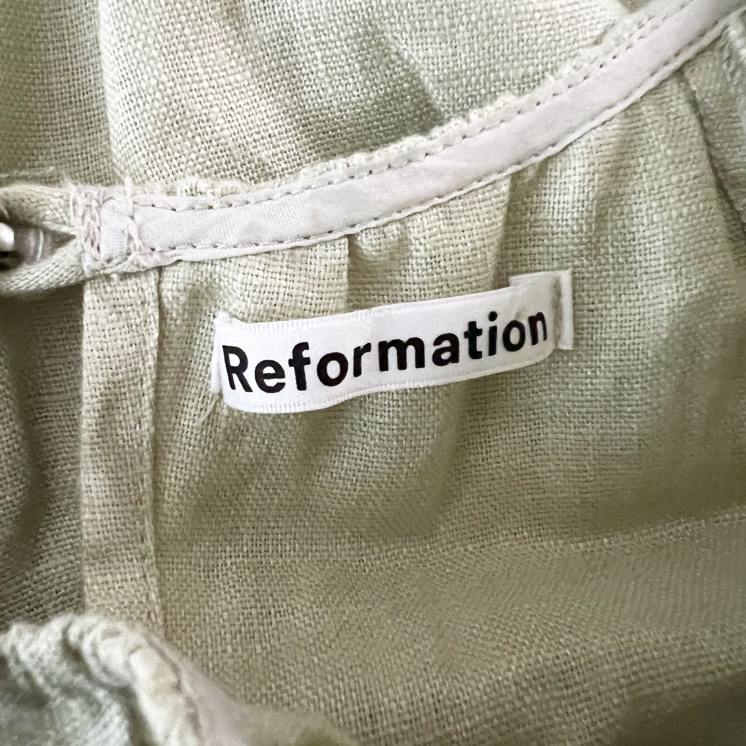 Reformation Bacall Linen Cinch Waist Long Sleeve Crop Top Blouse Dried Herbs S