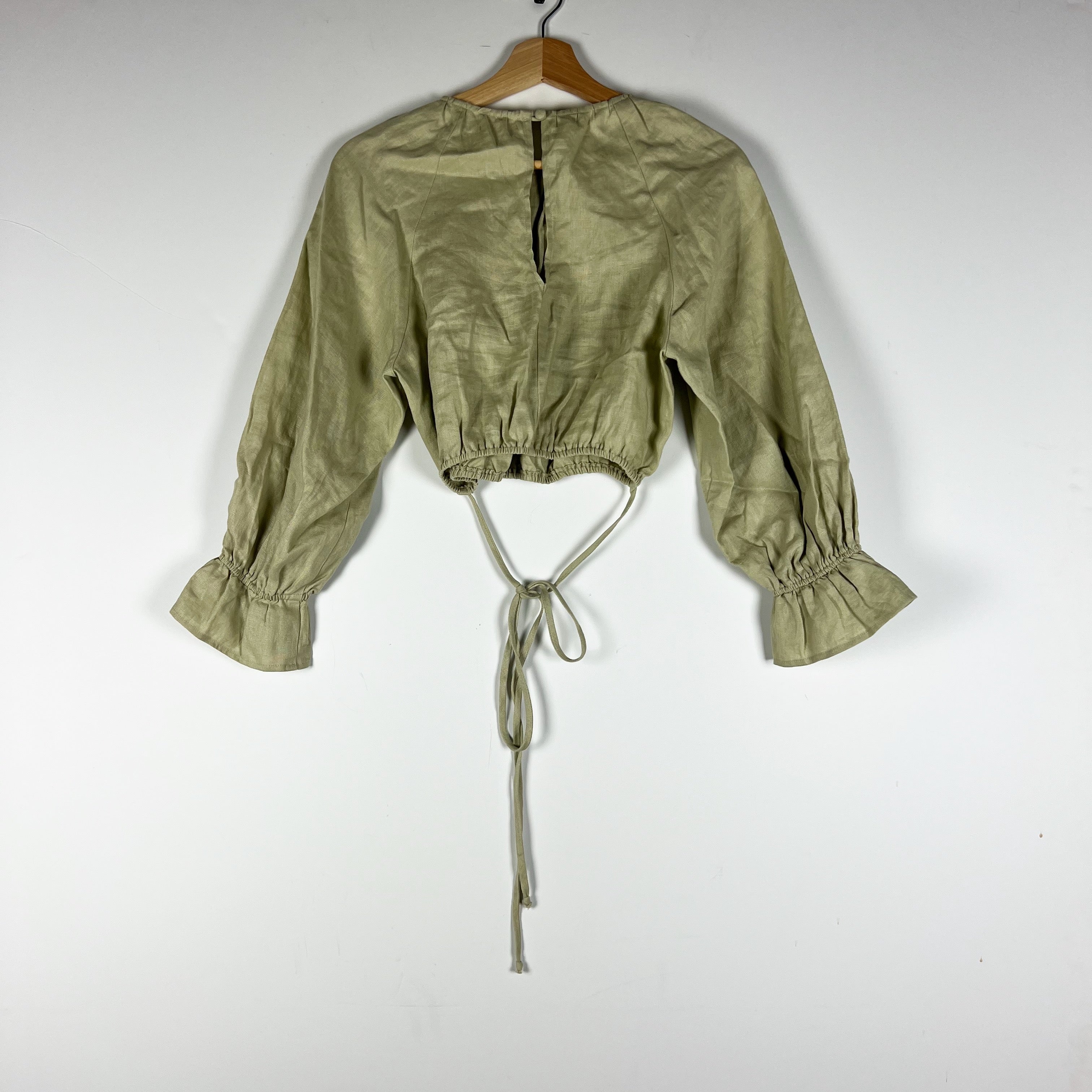 Reformation Bacall Linen Cinch Waist Long Sleeve Crop Top Blouse Dried Herbs S