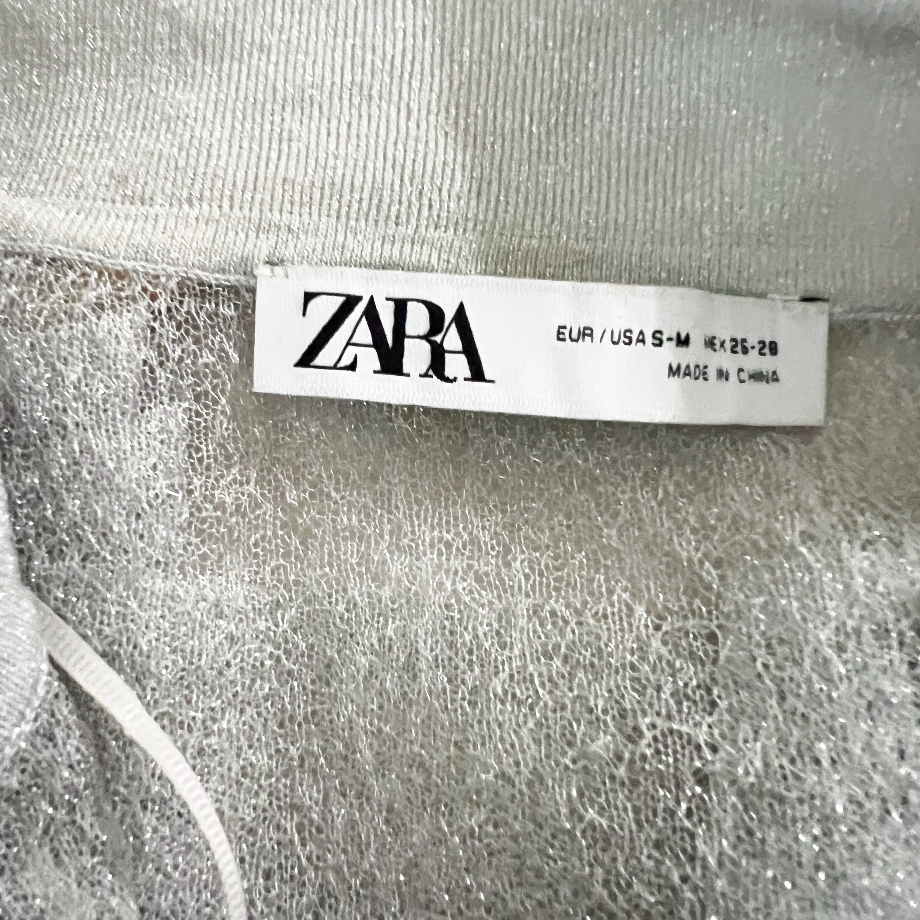 Zara Women's Sheer Mesh Translucent Beaded Embellished Collared Sweater Top M