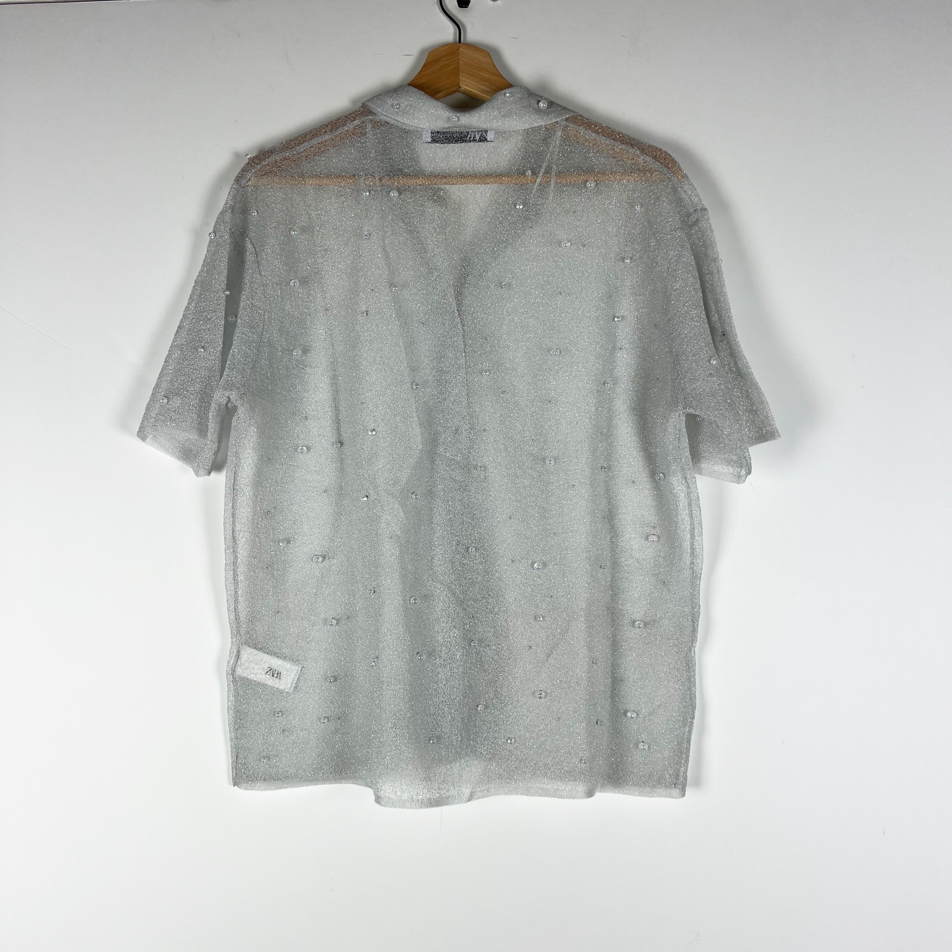 Zara Women's Sheer Mesh Translucent Beaded Embellished Collared Sweater Top M