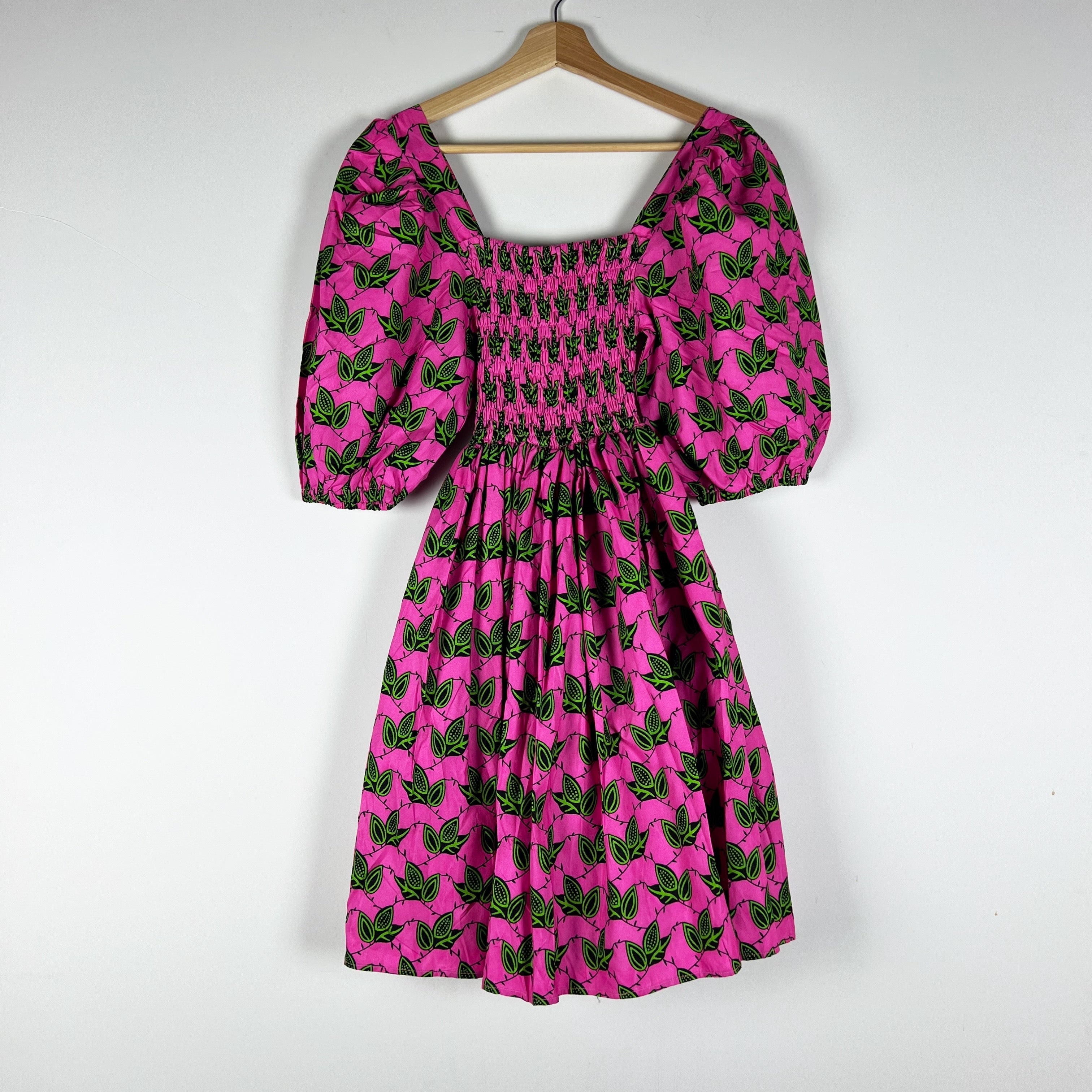 Elisamama June Cotton Stretch Smocked Bodice Puff Sleeve Mini Dress Pink Green S