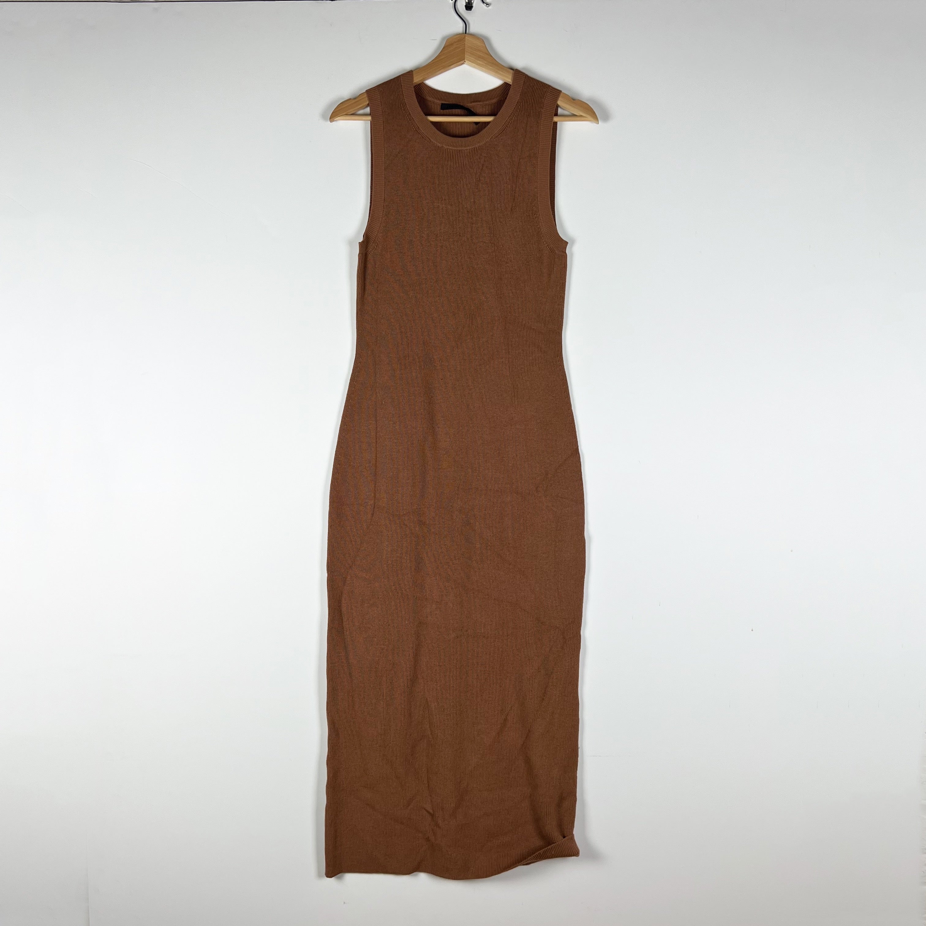 Jenni Kayne Cotton Cashmere Ribbed Knit Stretch Scoop Neck Sweater Dress Brown S