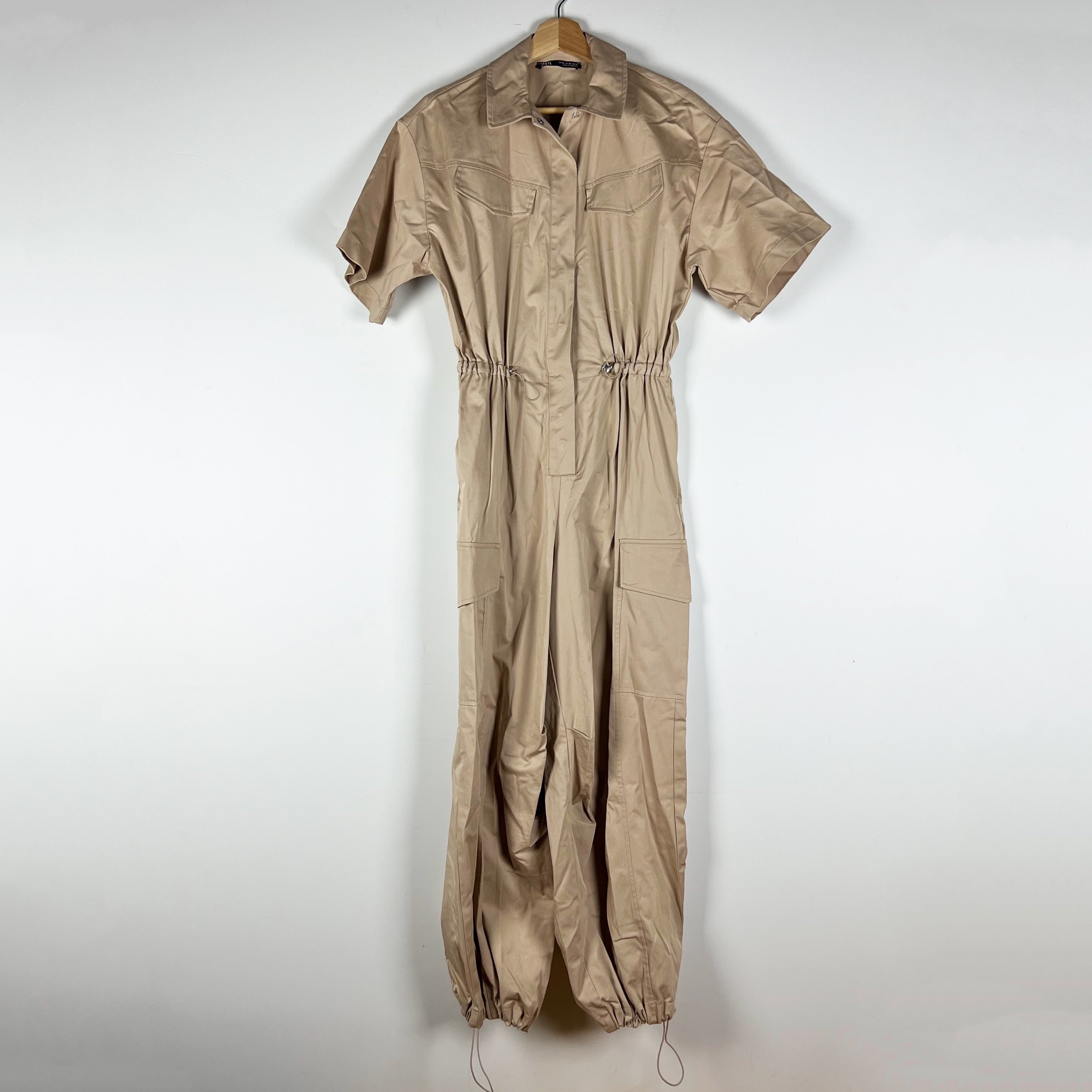 Zara Cotton Poplin Collared Snap Button Cinch Waist Jumpsuit Jumper Khaki XS