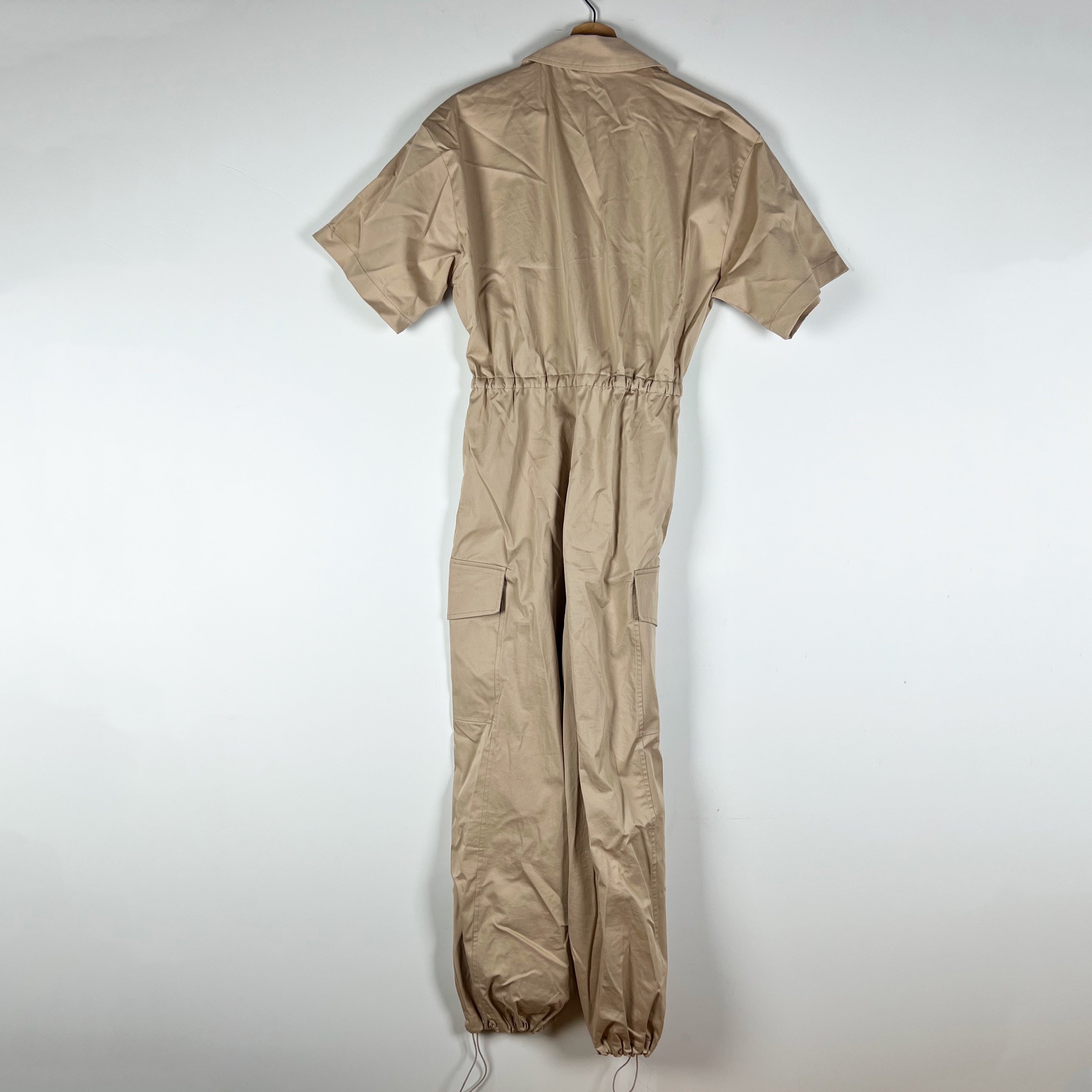 Zara Cotton Poplin Collared Snap Button Cinch Waist Jumpsuit Jumper Khaki XS