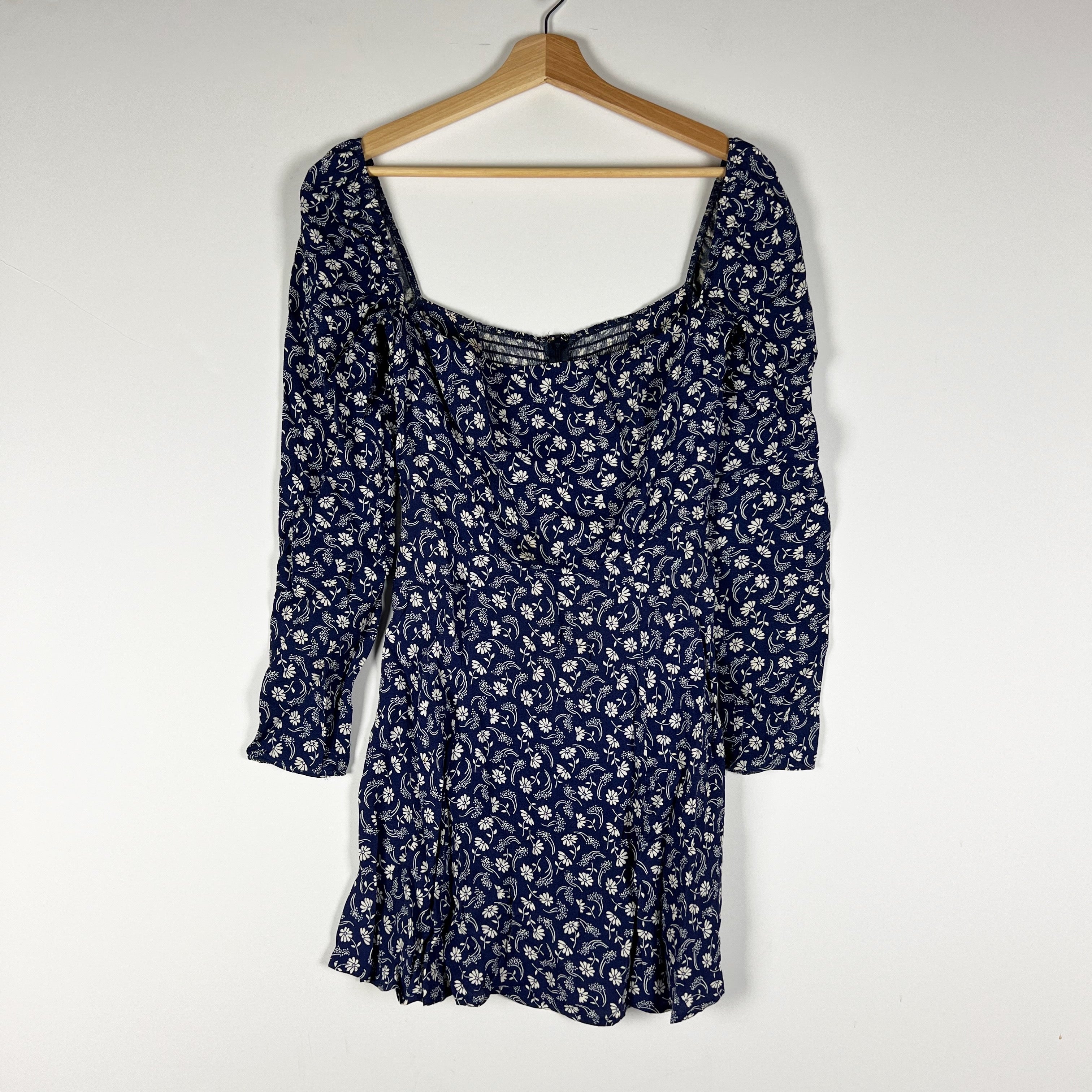 Reformation Sidecar Smocked Stretch Bodice Long Sleeve Mini Ruffle Dress Blue 0