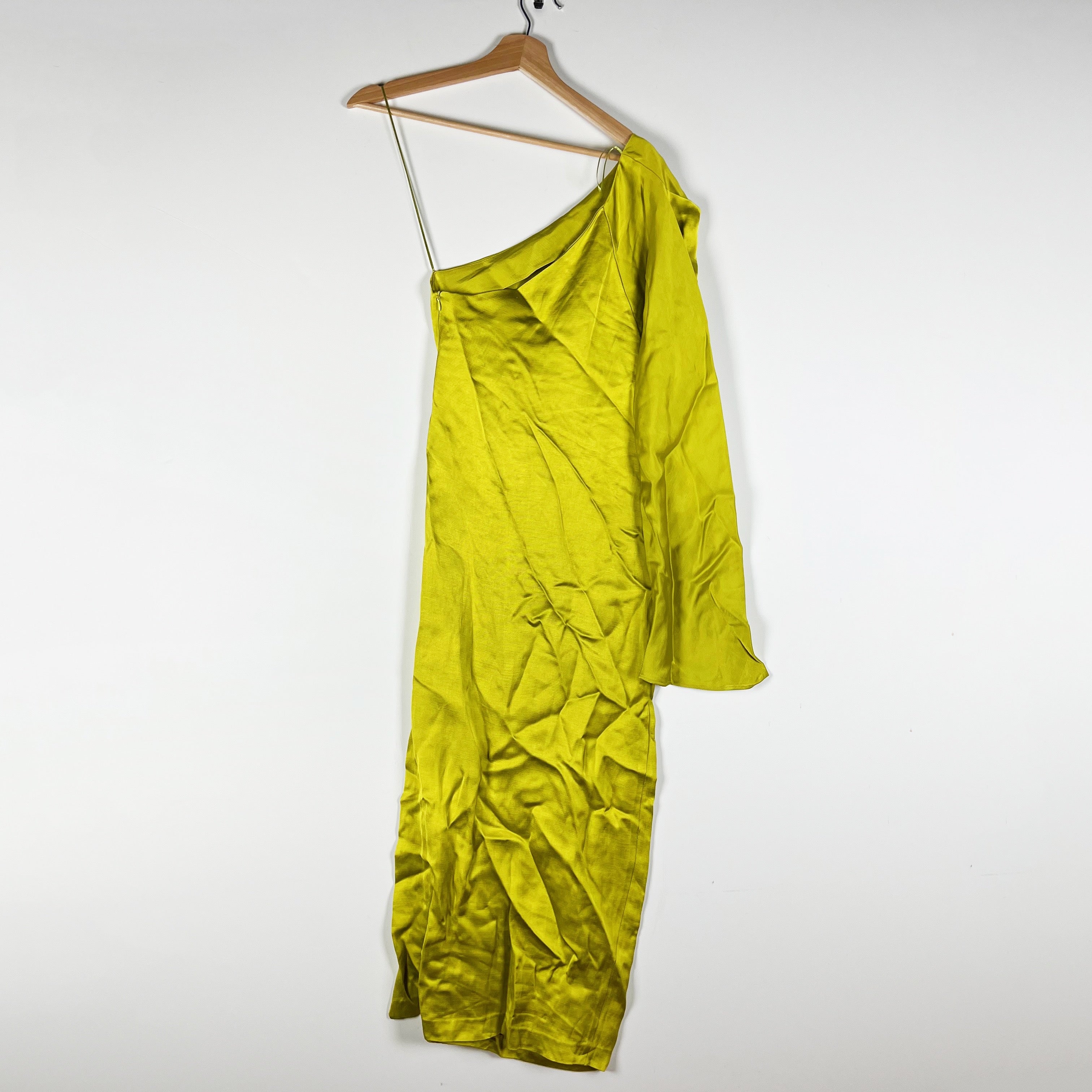 Zara Lime Green Satin One Shoulder Long Sleeve Midi Dress XS