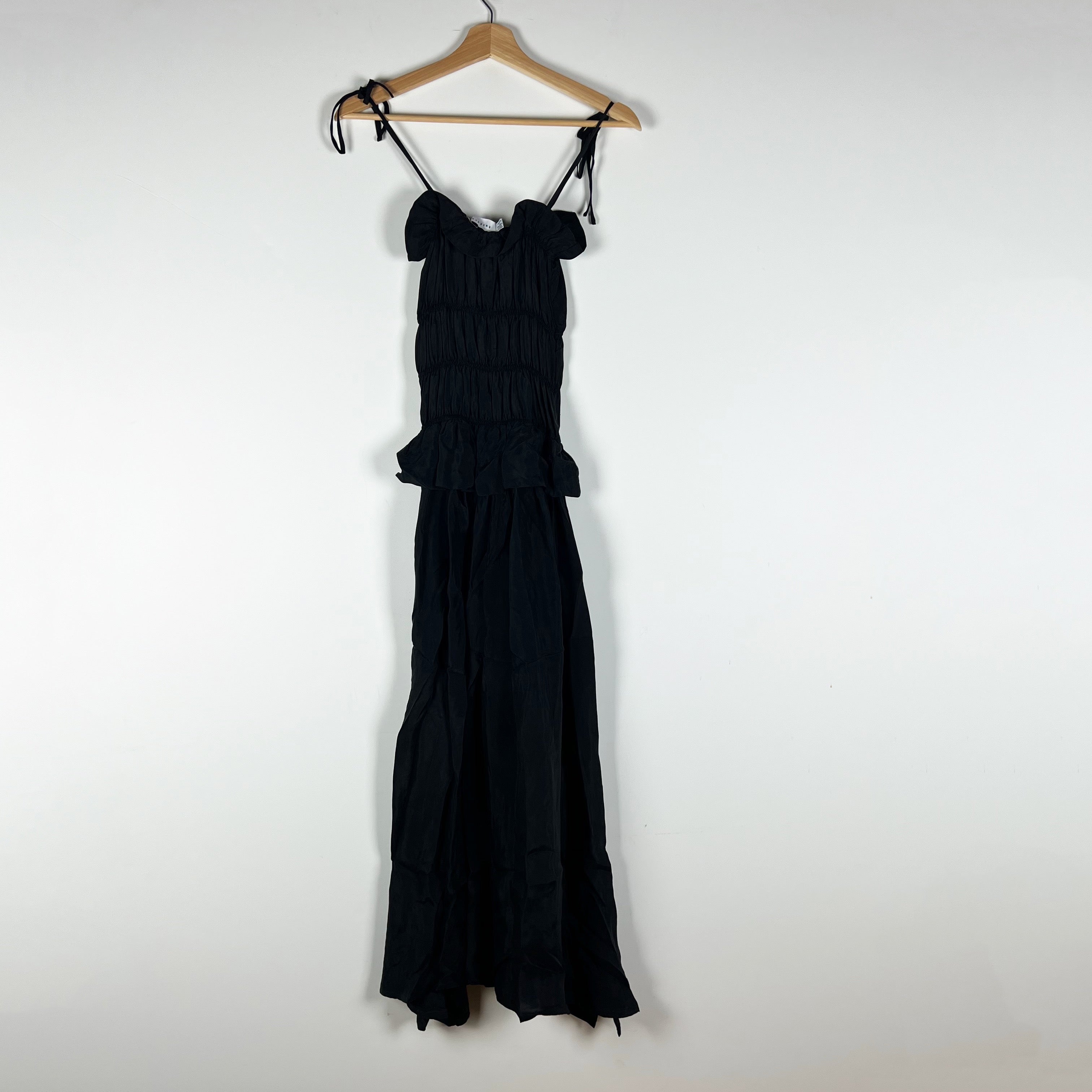 OhSevenDays Satin Ribbed Smocked Stretch Bodice Ruffle Tank Midi Dress Black XS