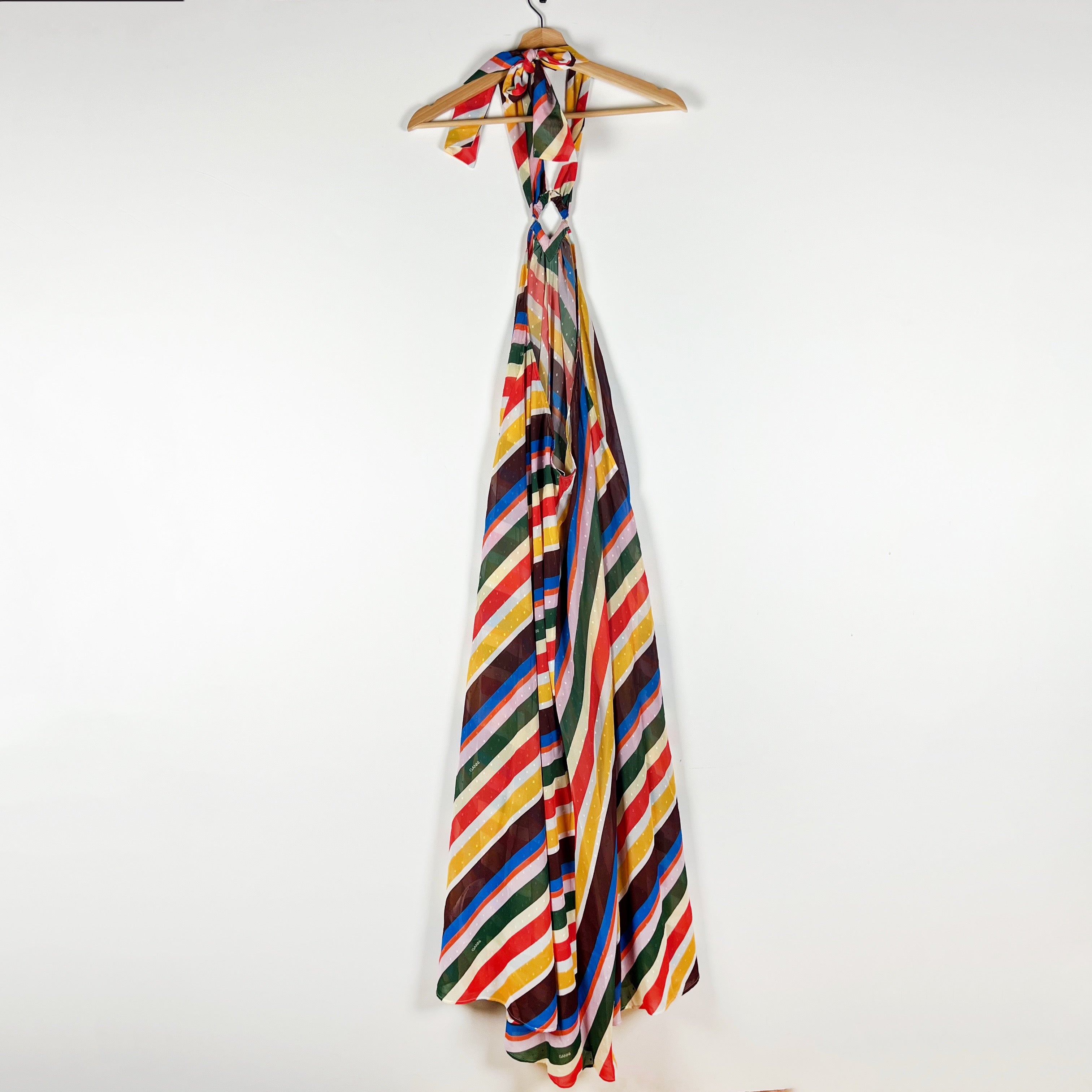 Ganni Light Chiffon Swiss Dot Textured Stripe Print Halterneck Midi Dress Small