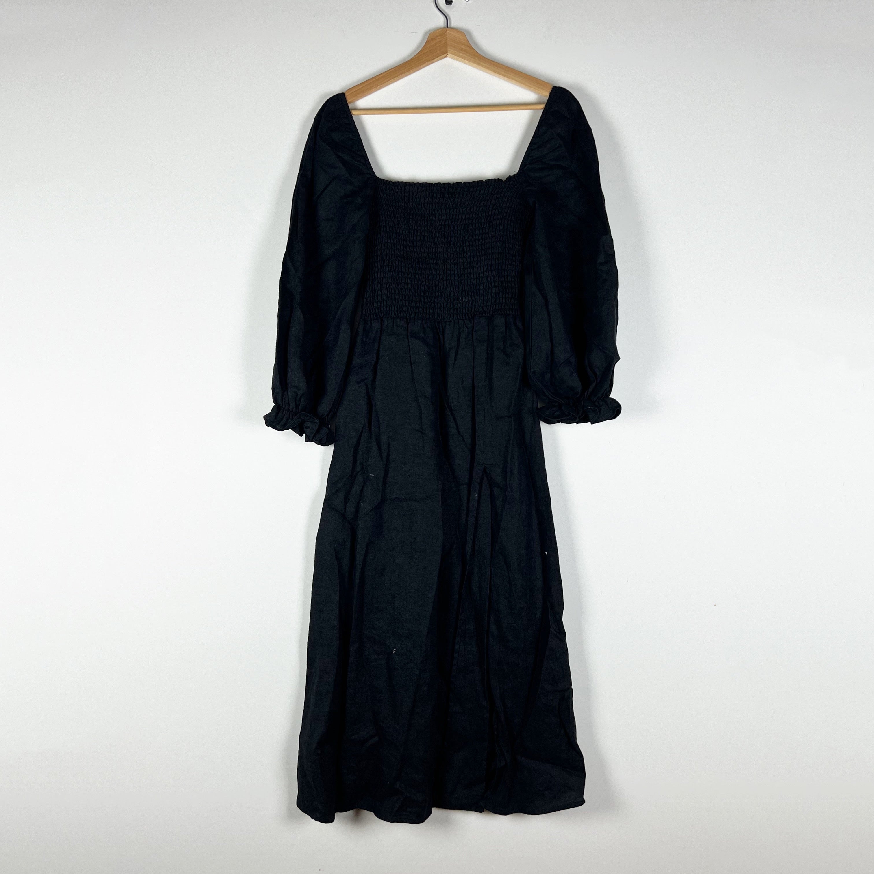 Reformation Hyland Linen Smocked Stretch Bodice Square Neck Long Sleeve Dress XS