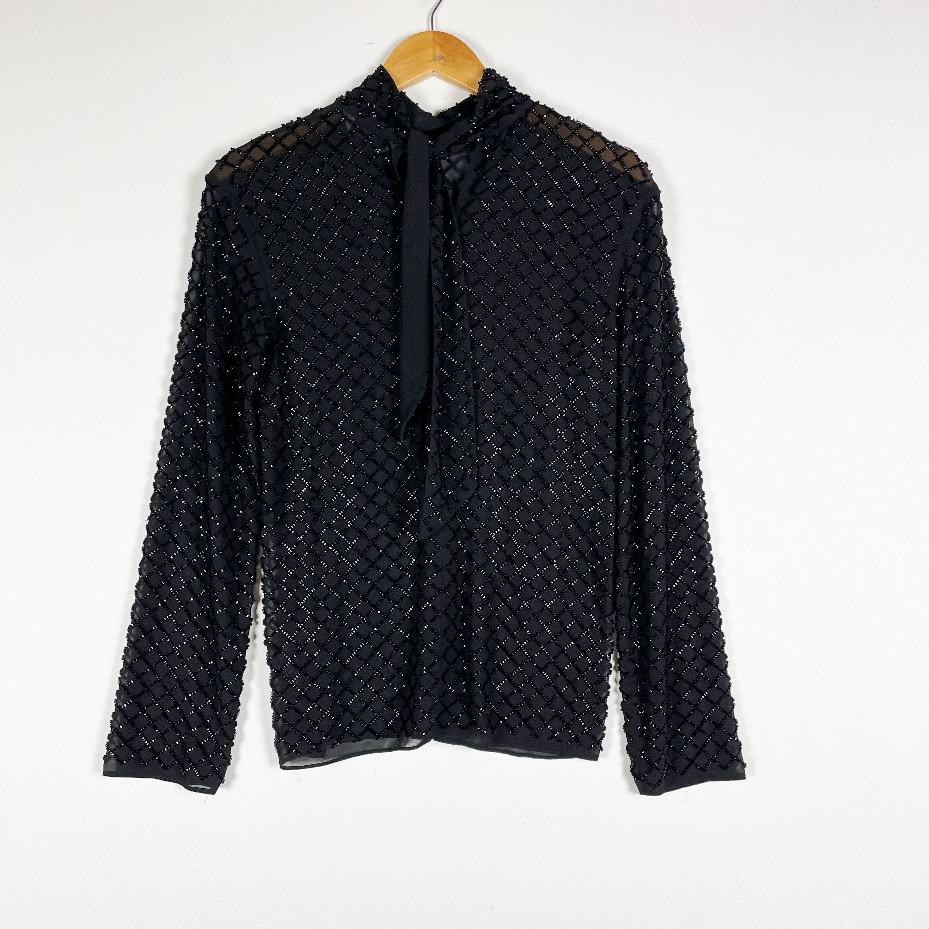 & Other Stories Beaded Embellished Chiffon Tie Neck Long Sleeve Blouse Shirt Top