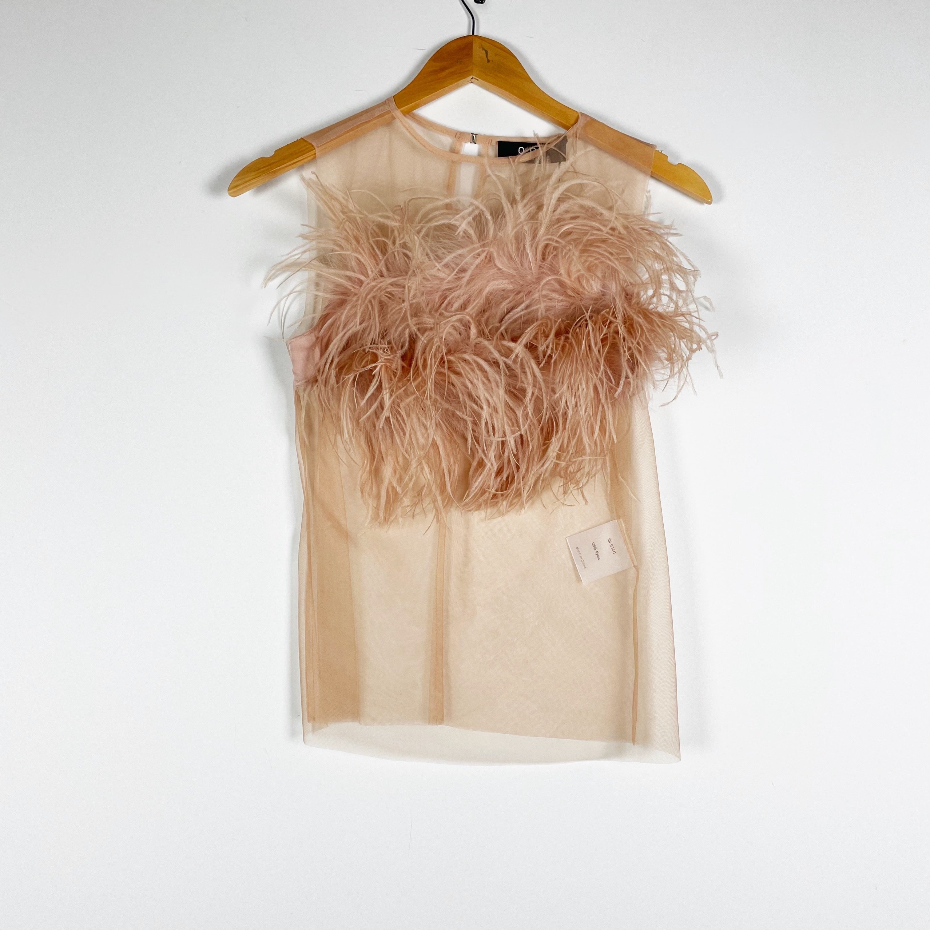NEW OPT Cali Feather Embellished Sheer Mesh Sleeveless Blouse Shirt Top Nude XS