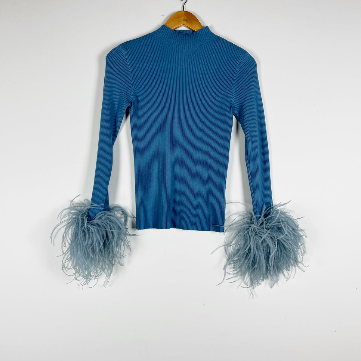 Pello Bello Ribbed Knit Stretch Mock Neck Ostrich Feather Trim Sweater Blue S