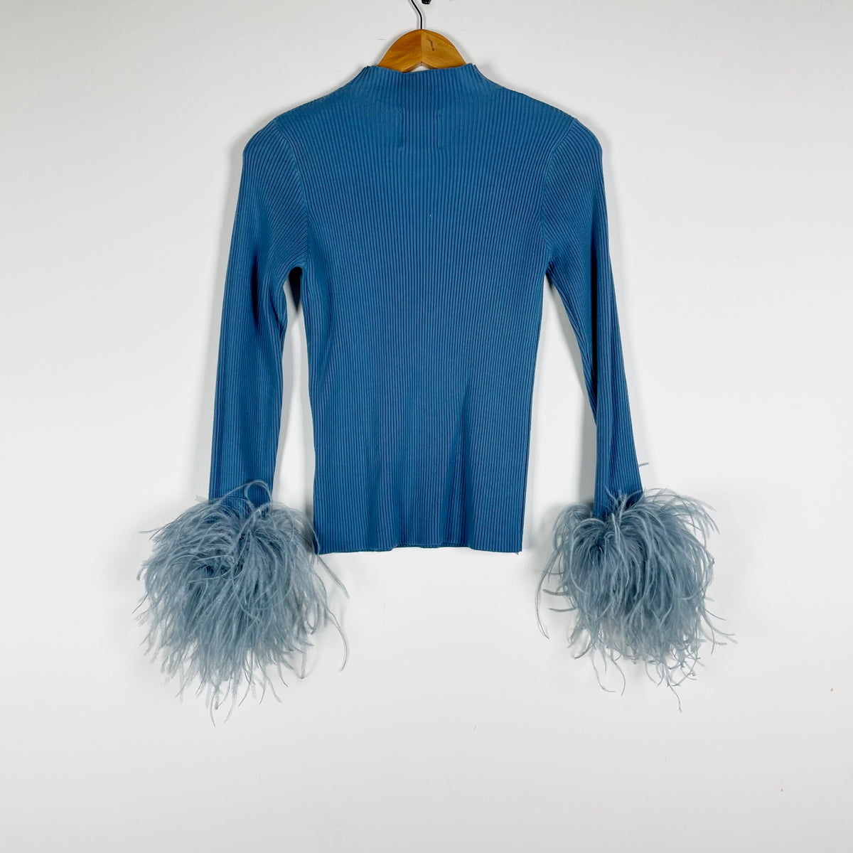 Pello Bello Ribbed Knit Stretch Mock Neck Ostrich Feather Trim Sweater Blue S