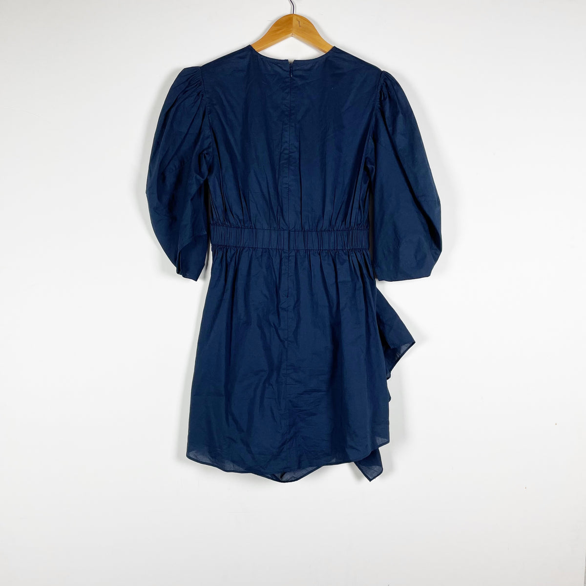 Rhode Pia Cotton Poplin Ruched Draped Puff Sleeve Mini Dress Navy Blue XS