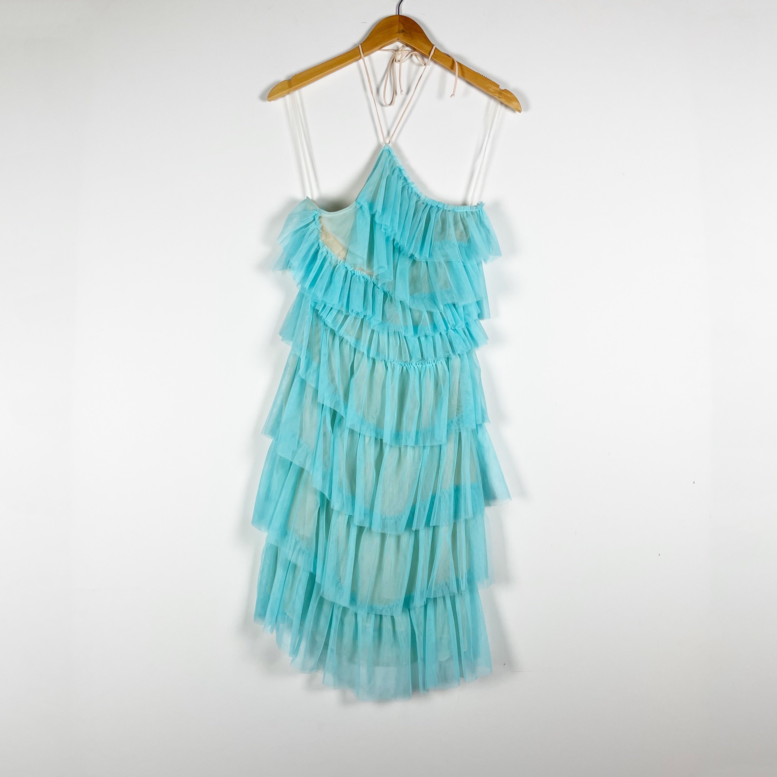 The Bar Kai Tulle Mesh Ruffle Halter Neck Mini Party Dress Blue 0