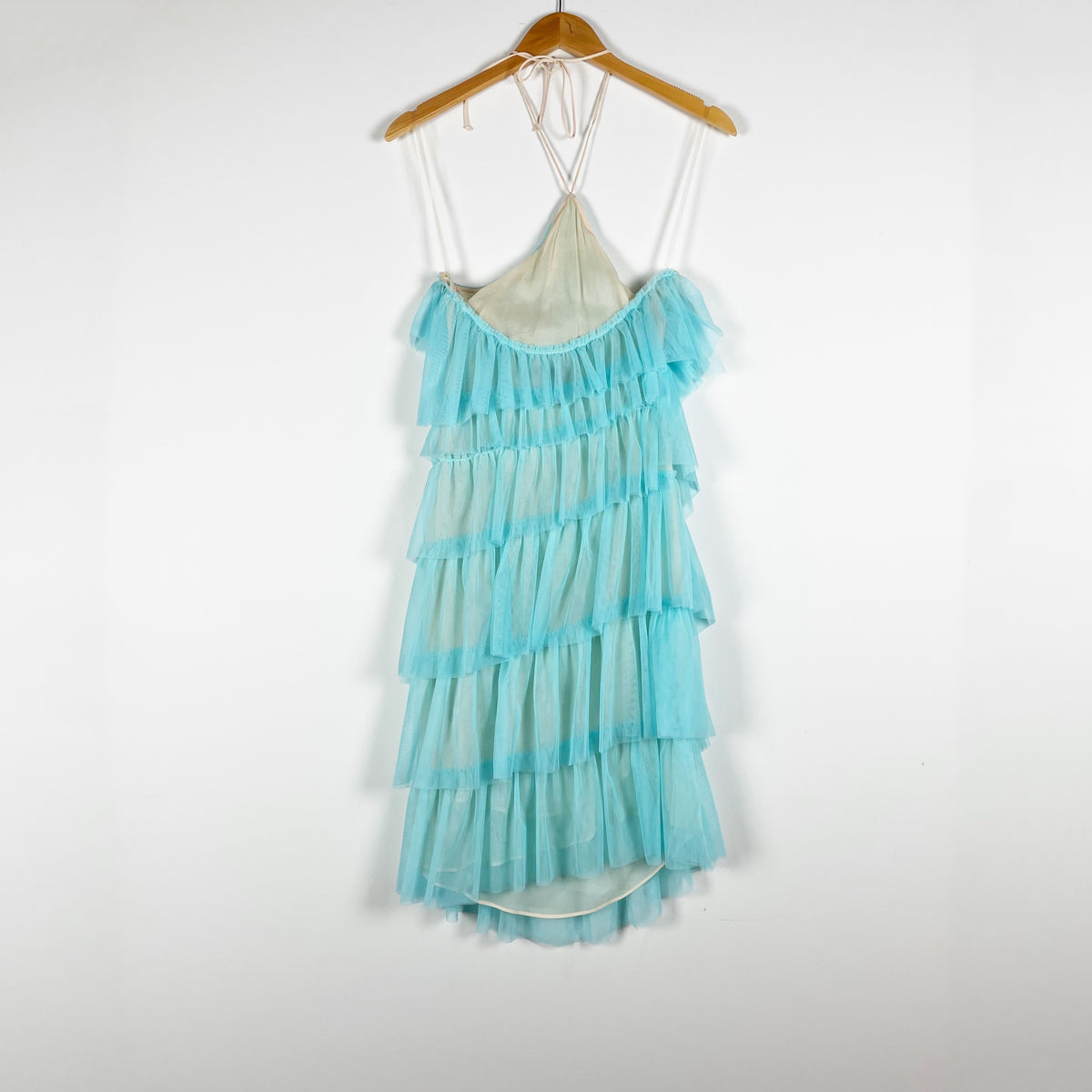 The Bar Kai Tulle Mesh Ruffle Halter Neck Mini Party Dress Blue 0