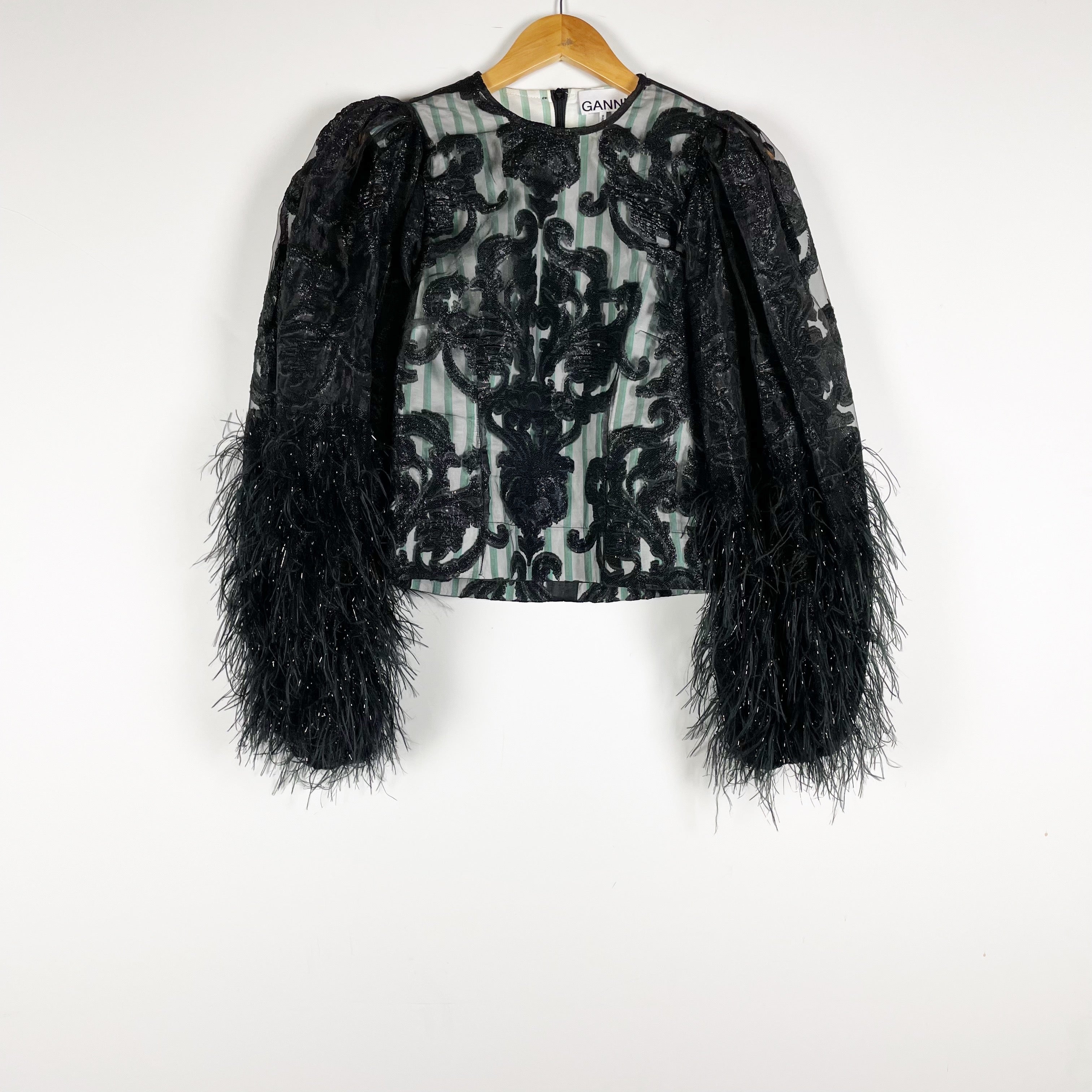 Ganni Feather Trim Organza Metallic Brocade Stripe Blouse Shirt Top Small