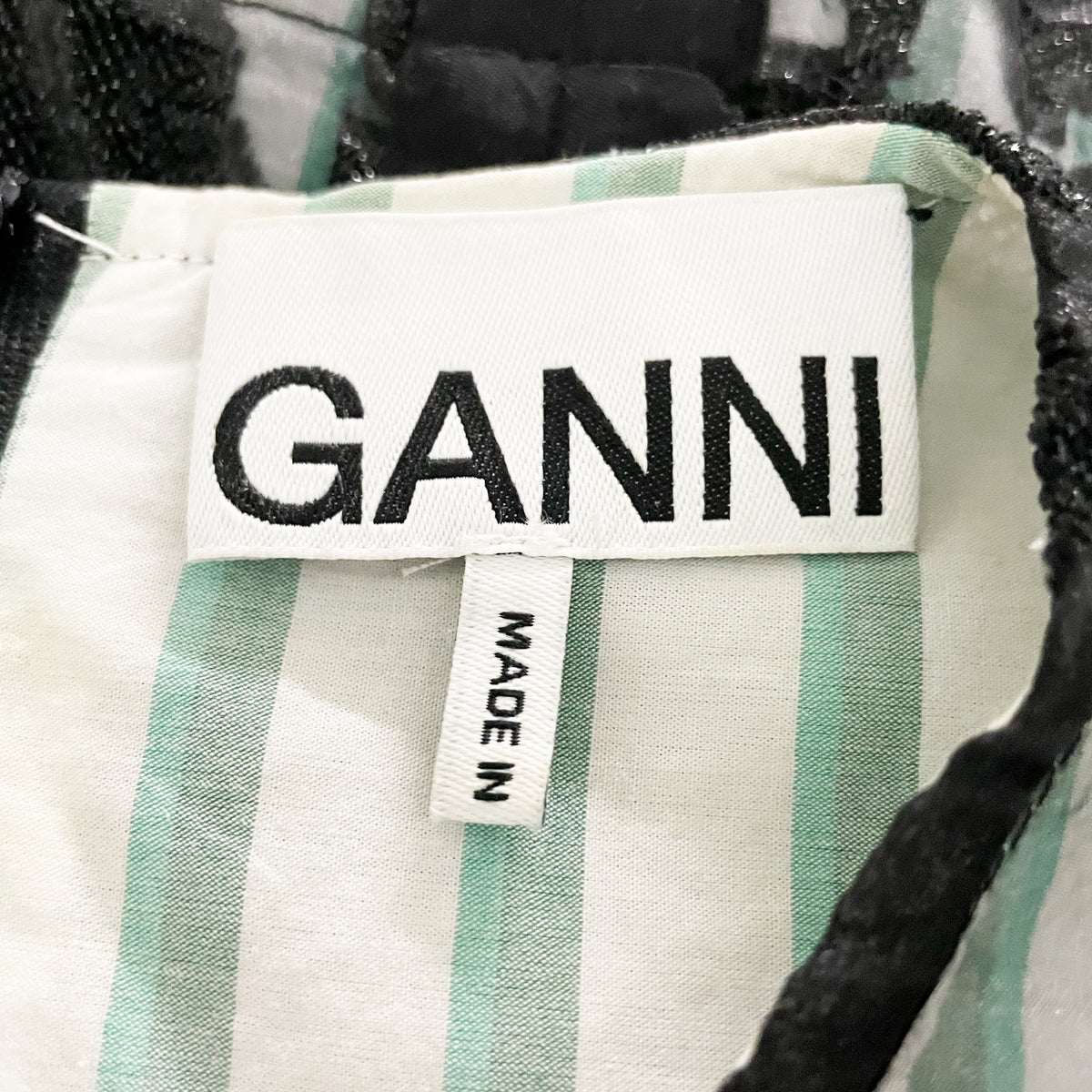 Ganni Feather Trim Organza Metallic Brocade Stripe Blouse Shirt Top Small