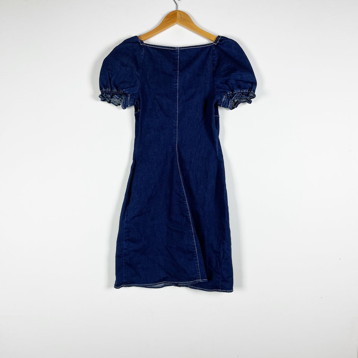 Staud Sur Sweetheart Neck Cotton Stretch Puff Sleeve Mini Denim Jean Dress 0