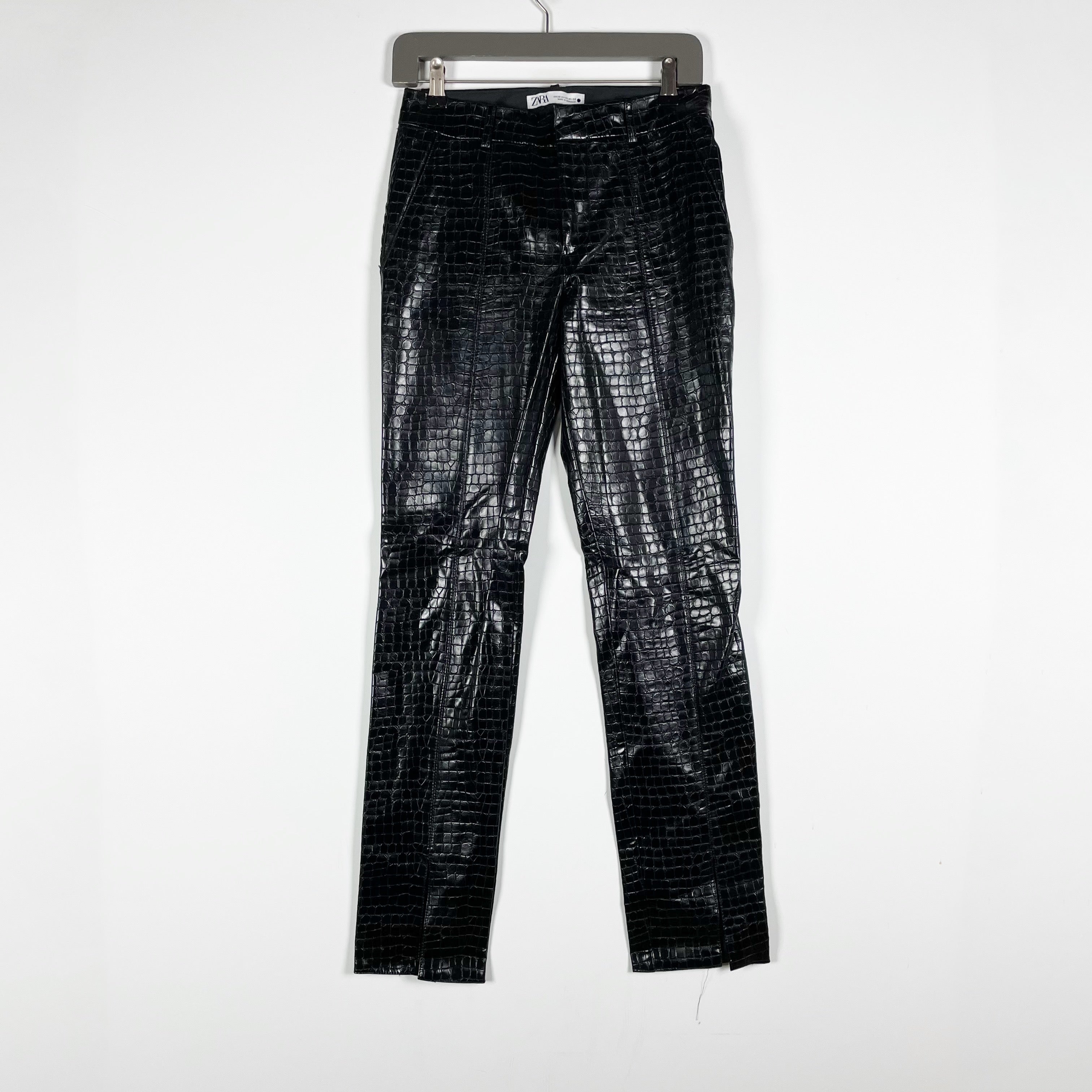 Zara Faux Vegan Leather Croc Embossed Mid Rise Straight Leg Trouser Pants Black
