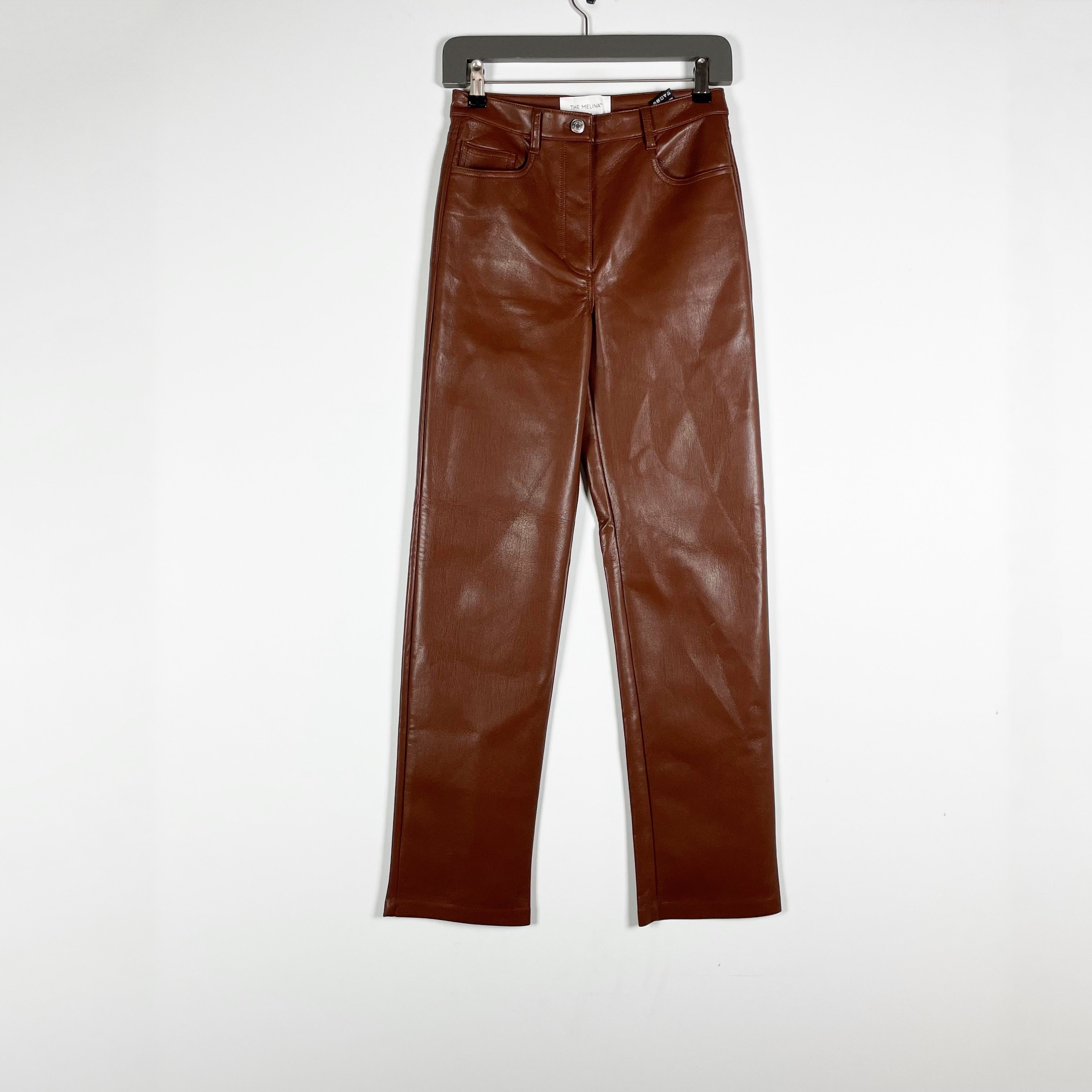 Wilfred Aritzia The Melina Faux Vegan Leather Straight Leg Trouser Pants Brown 2