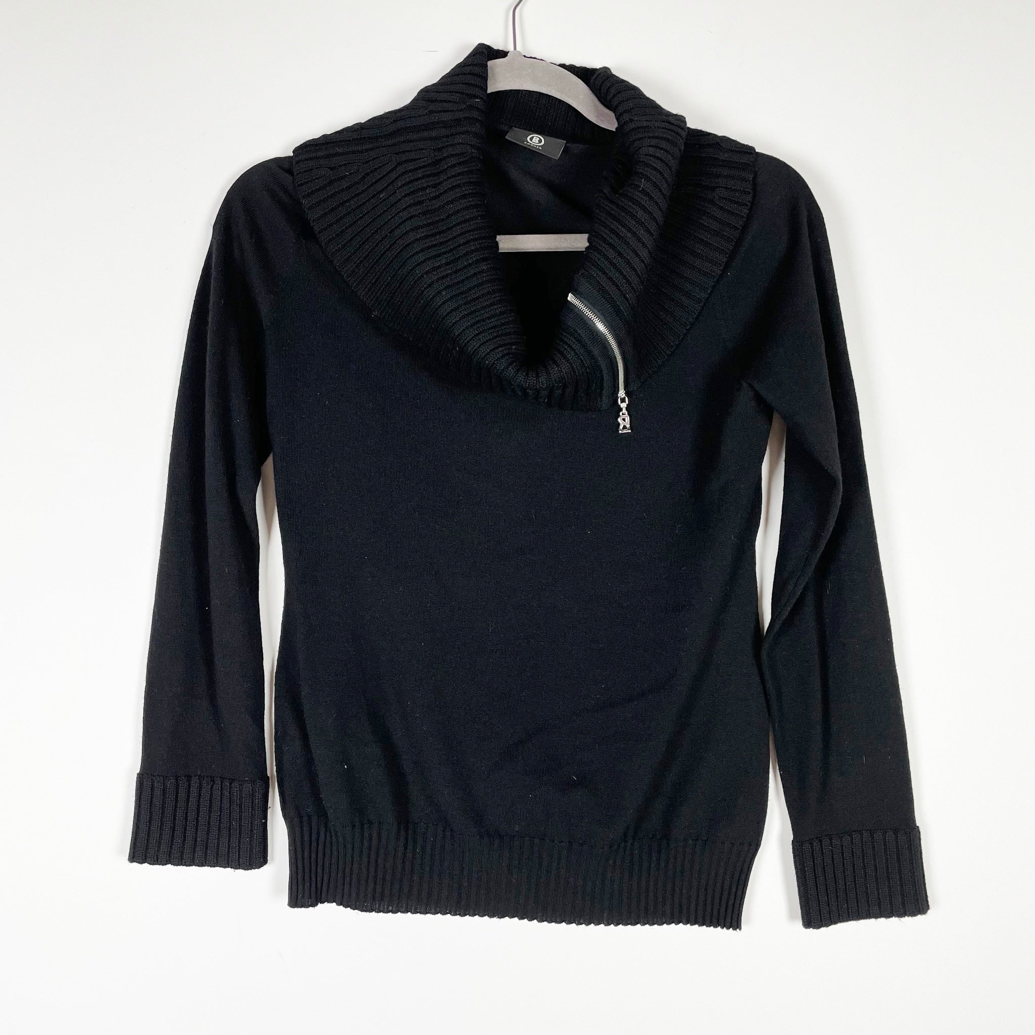 Bogner Women's Wool Knit Stretch Zipper Foldover Turtleneck Neck Sweater Black 6