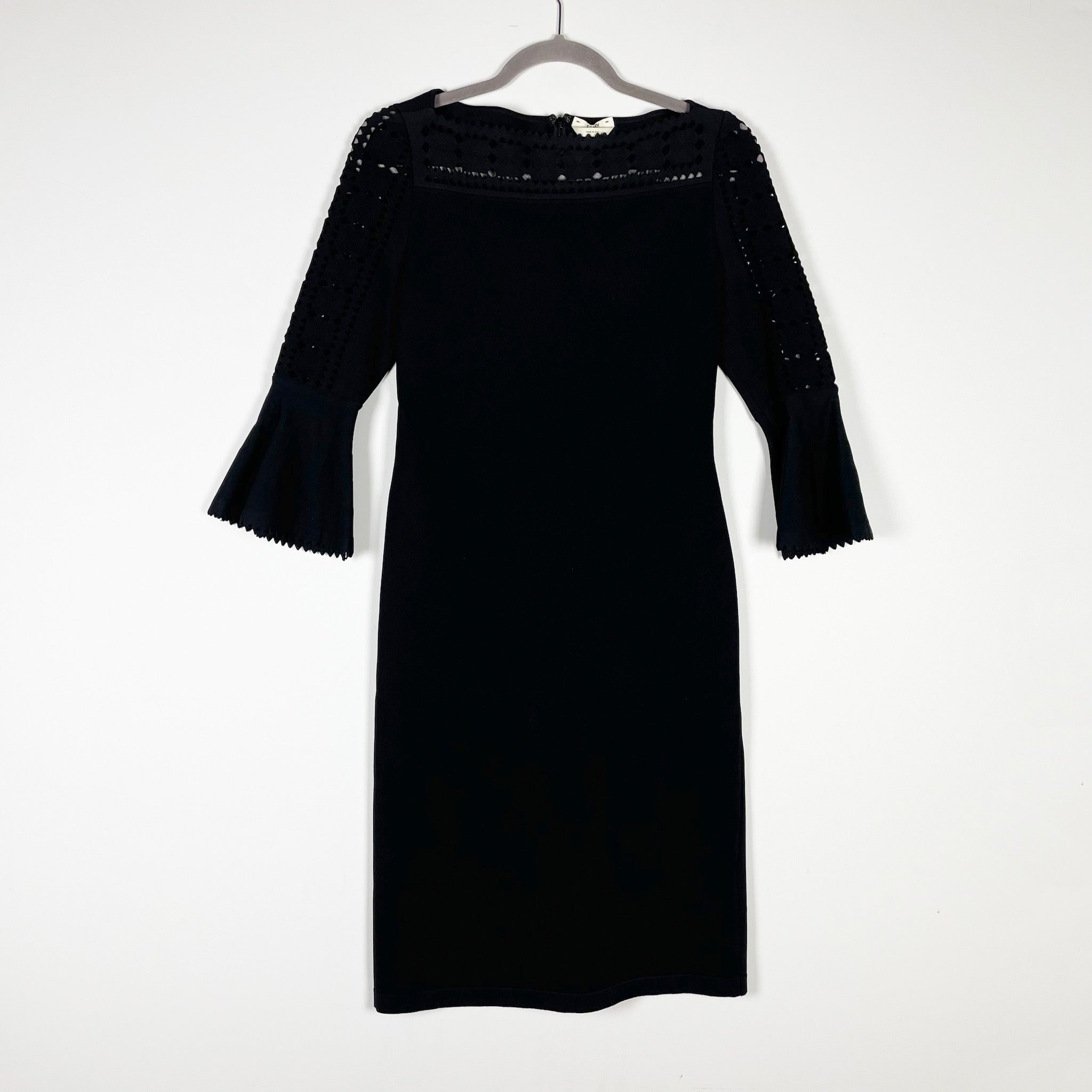 Fendi Roma Made In Italy Stretch Knit Perforated Lace Bell Sleeve Shift Dress S