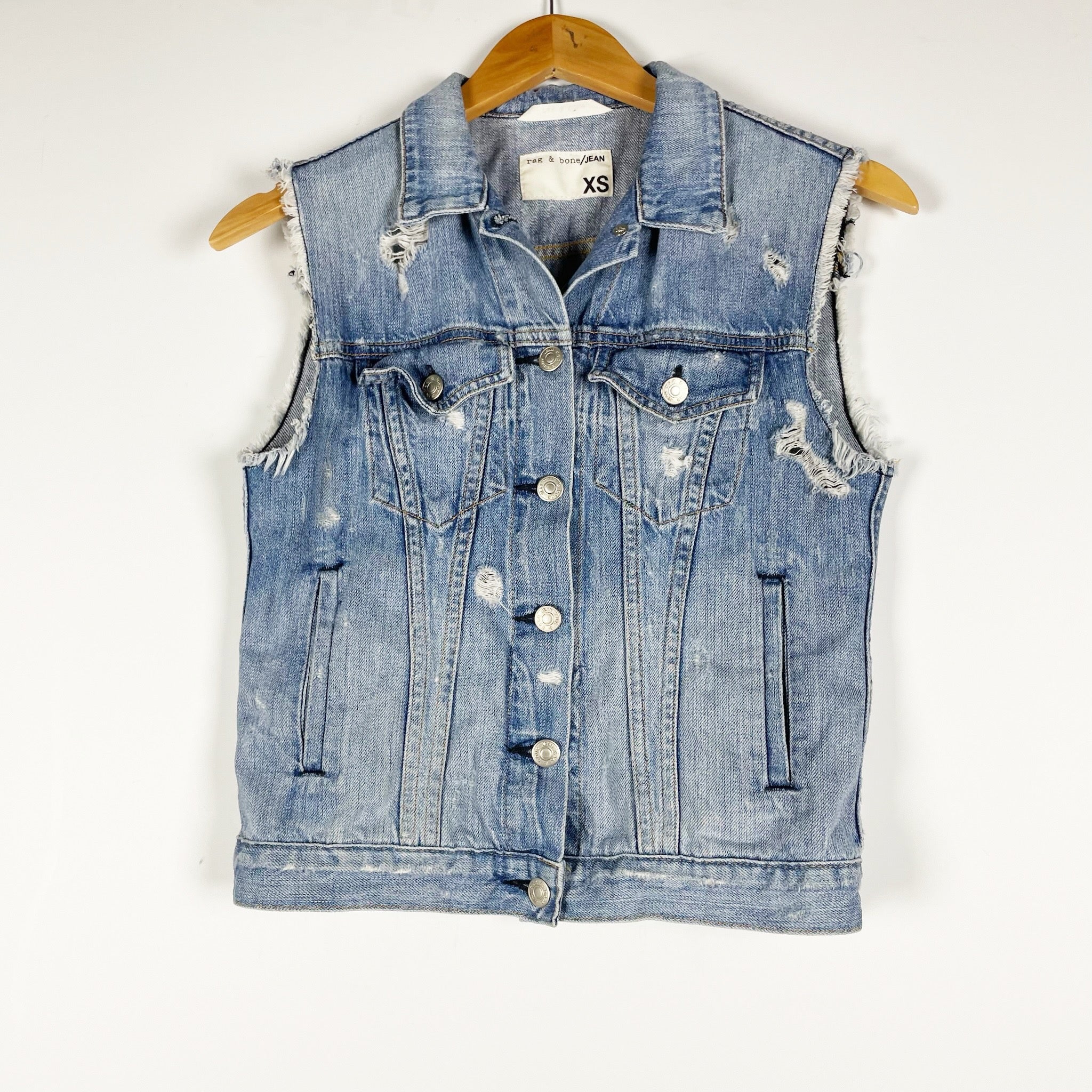 Rag & Bone Women's Cotton Distressed Tattered Sleeveless Collared Vest Jacket XS