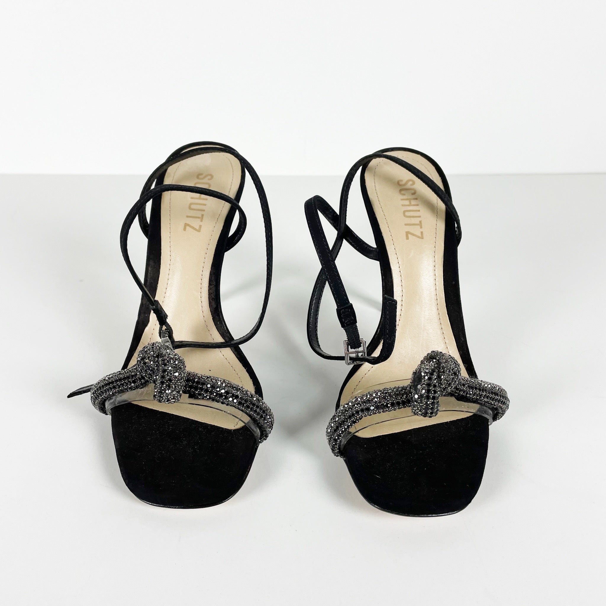 Schutz Peaky Nubuck Suede And Vinyl Crystal Rhinestone Knit High Heels Shoes 6