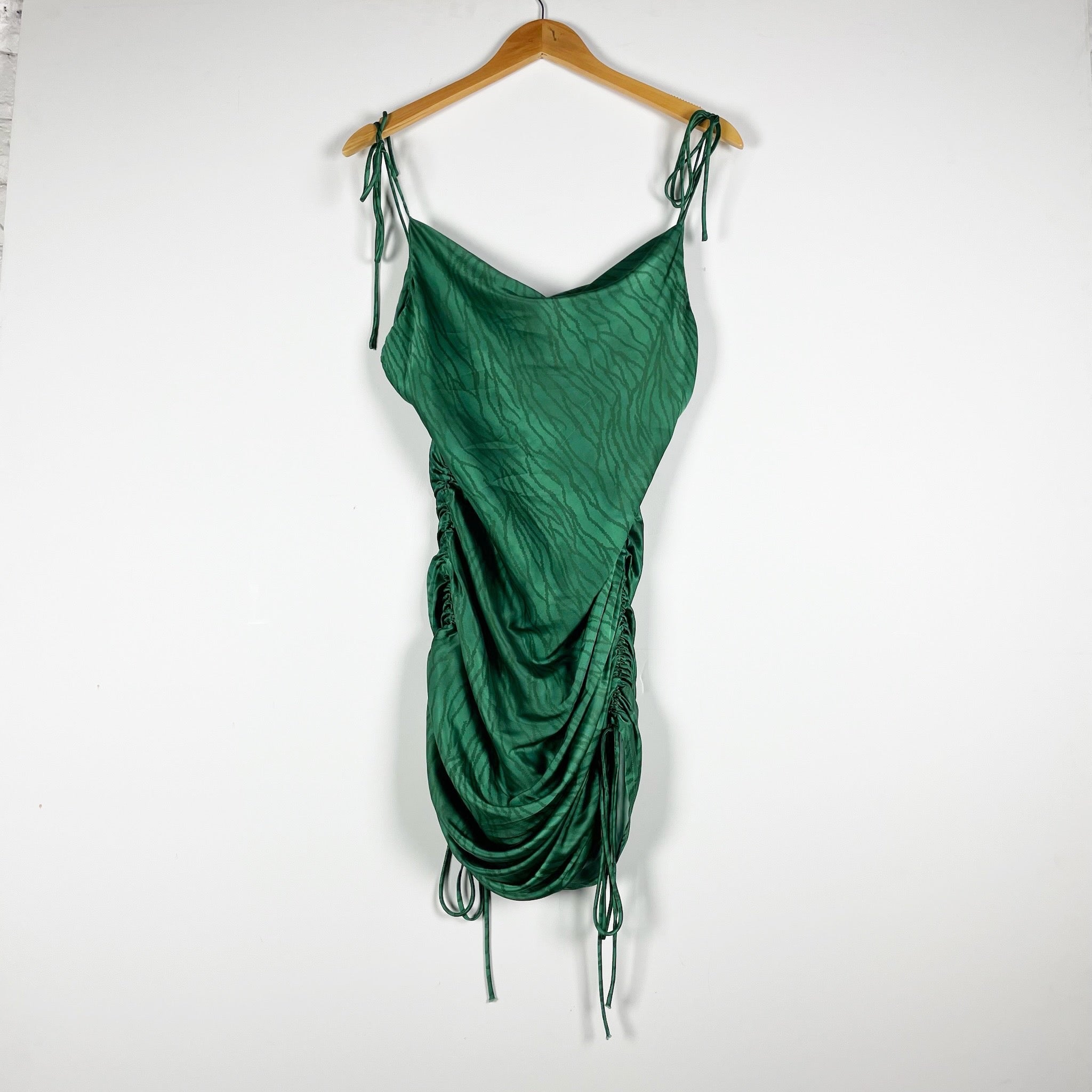 Lioness Palila Satin Forest Green Printed Ruched Draped Mini Party Dress XS
