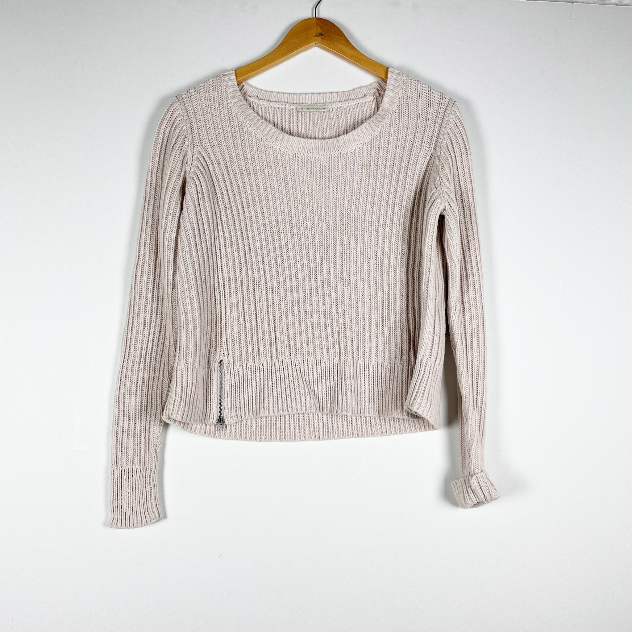 White + Warren Cotton Blend Ribbed Knit Zipper Detail Crew Neck Pullover Sweater