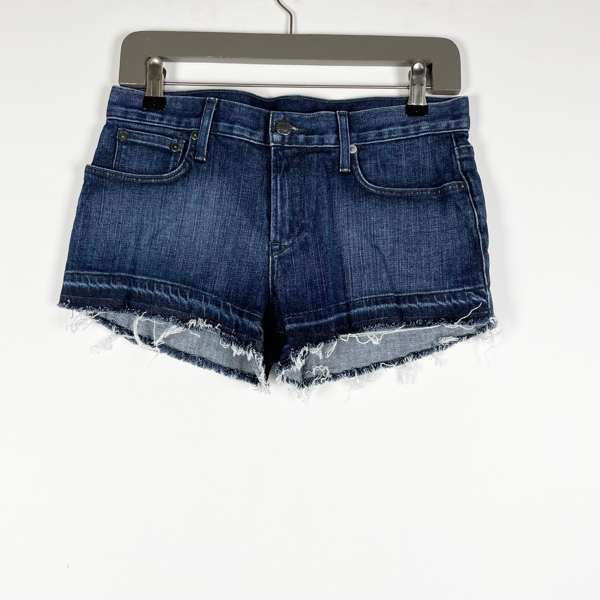Helmut Lang Women's Cotton Stretch Distressed Cut Off Mini Jean Shorts Blue 25