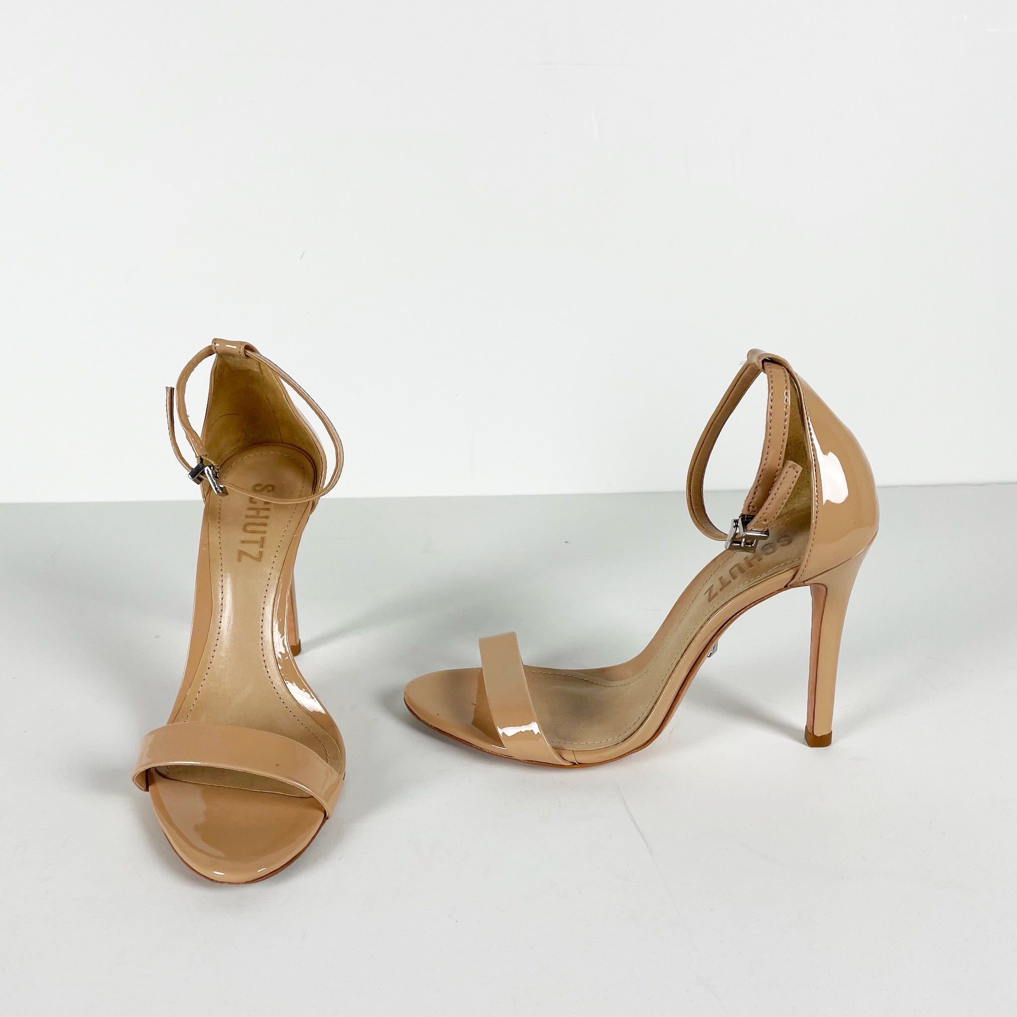 Schutz Cadey Lee Genuine Patent Leather Open Toe High Heel Sandals Shoes Beige 6