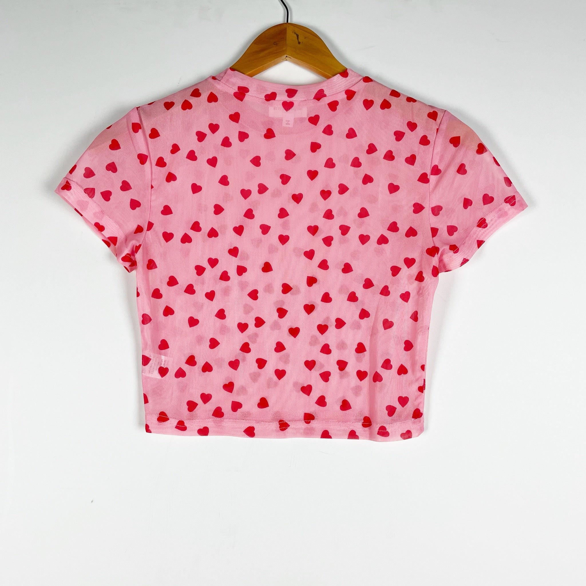Superdown Tania Semi Sheer Mesh Cropped Short Sleeve Pink Heart Print Shirt S