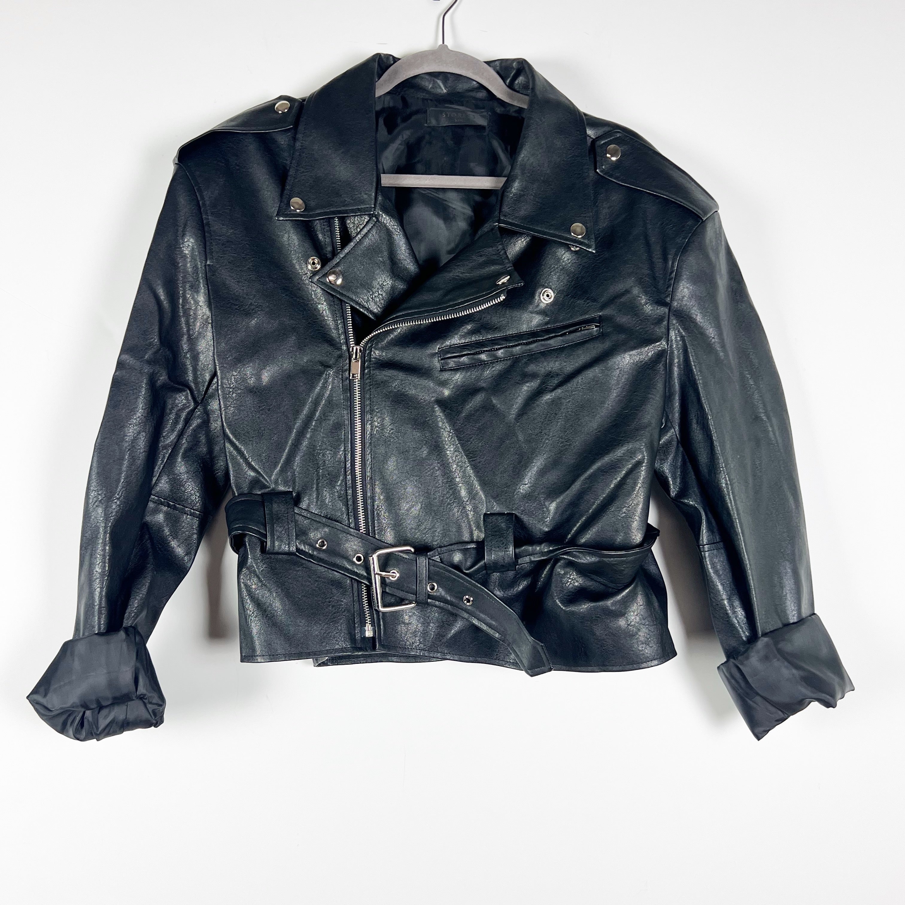 Storets Emma Pleather Faux Vegan Leather Rider Buckle Asymmetrical Zip Jacket