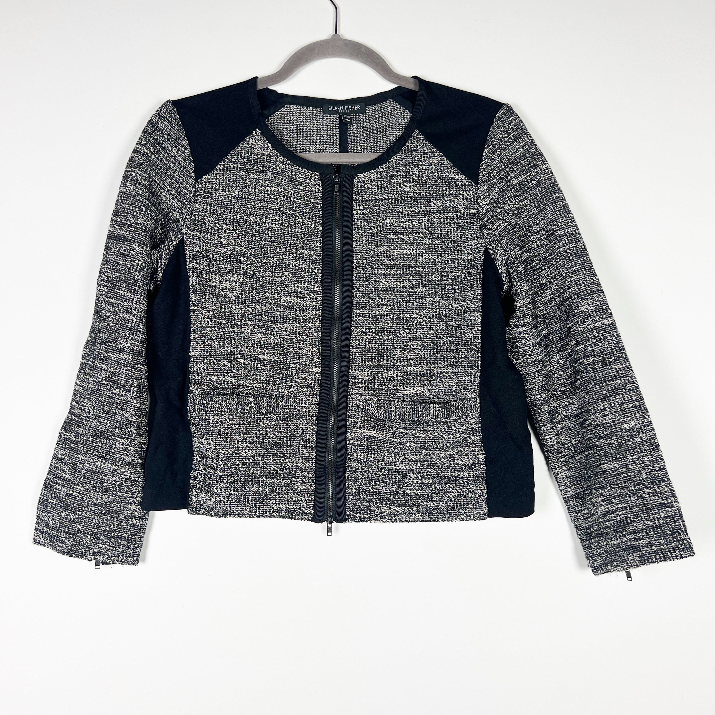 Eileen Fisher Women's Cotton Blend Boucle Weave Full Zip Blazer Jacket Black PM