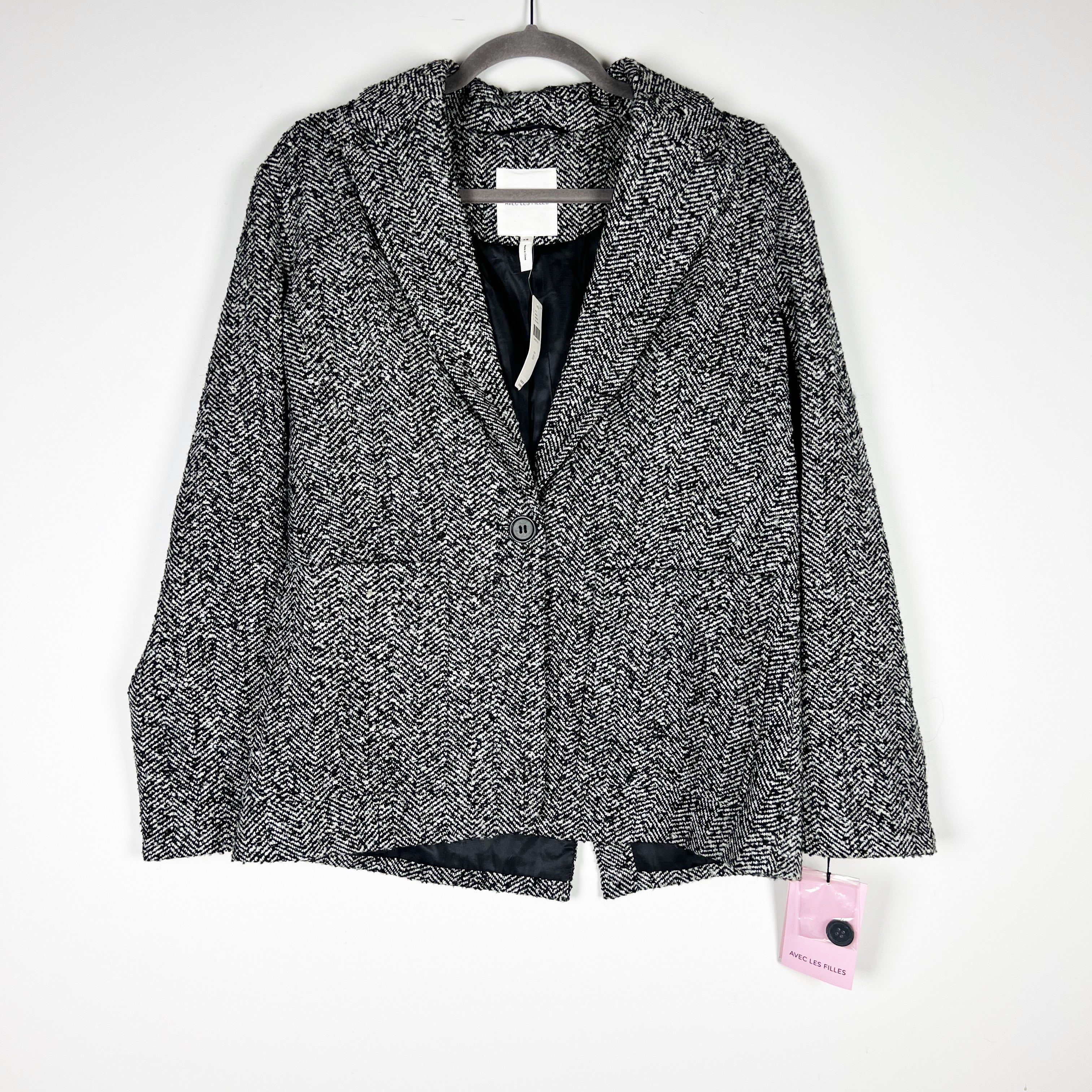 NEW Avec Les Filles Black White Woven Houndstooth Button Front Blazer Jacket XS