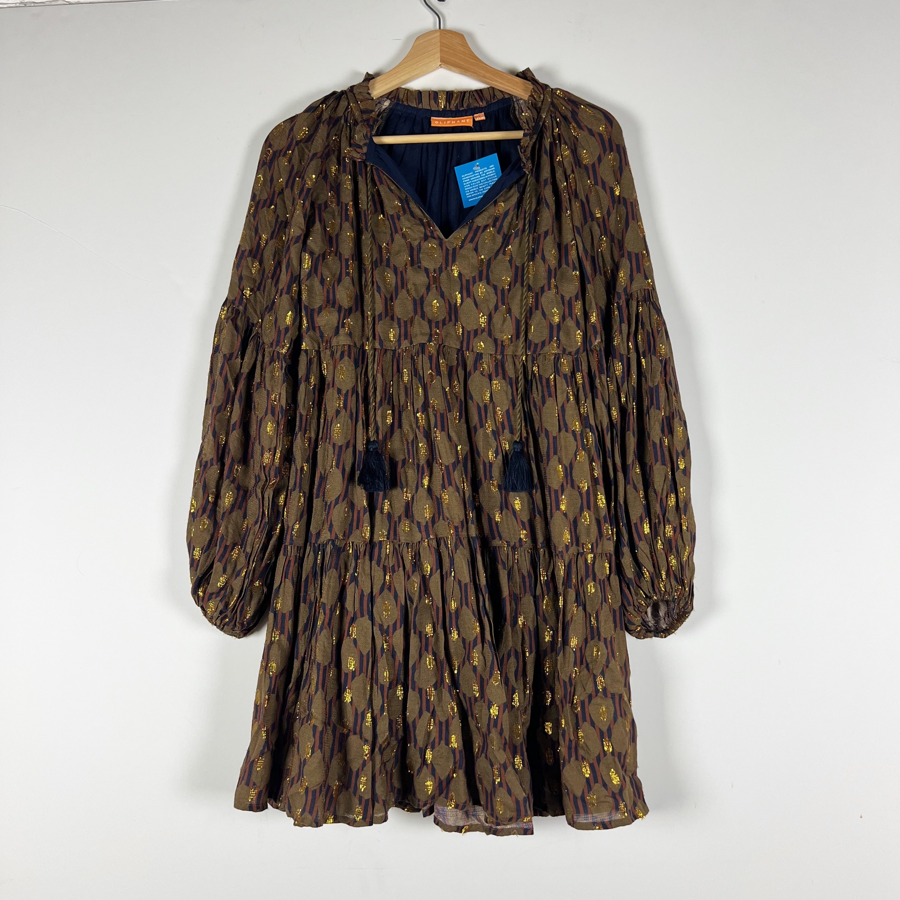 NEW Oliphant Fig Balloon Sleeve Chiffon Tiered Pullover Mini Dress Metallic XS